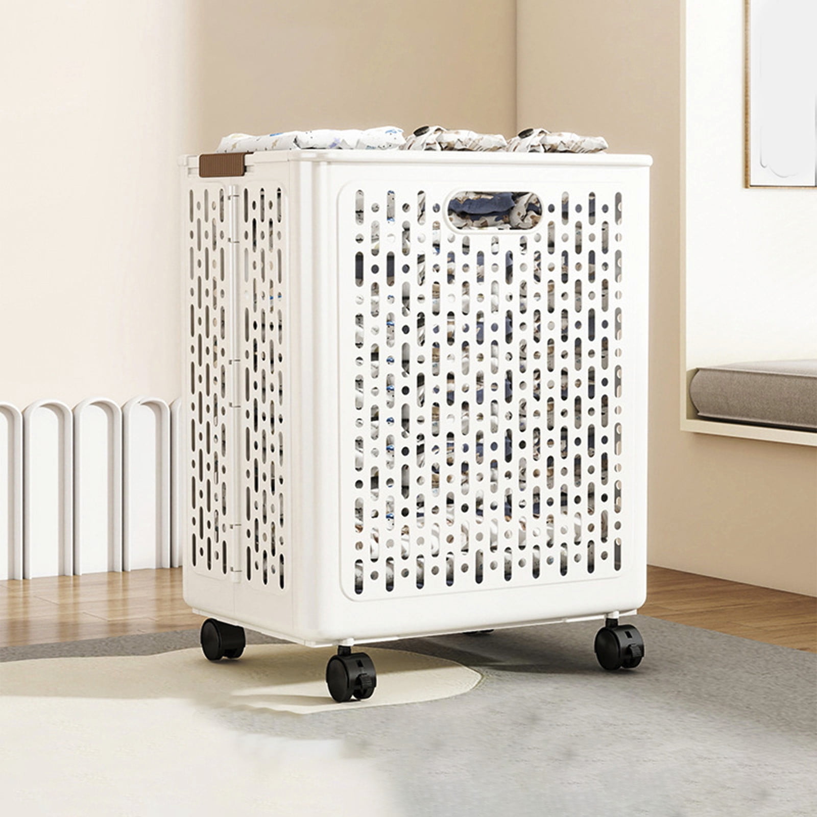 Chmadoxn Collapsible Laundry Hamper with Wheels - Foldable Storage Basket for Clothes, Toys & Organizing | Rolling Linen Cart w/ Handle, Portable Closet Utility Bin 18 Inch Tall White - Image 1