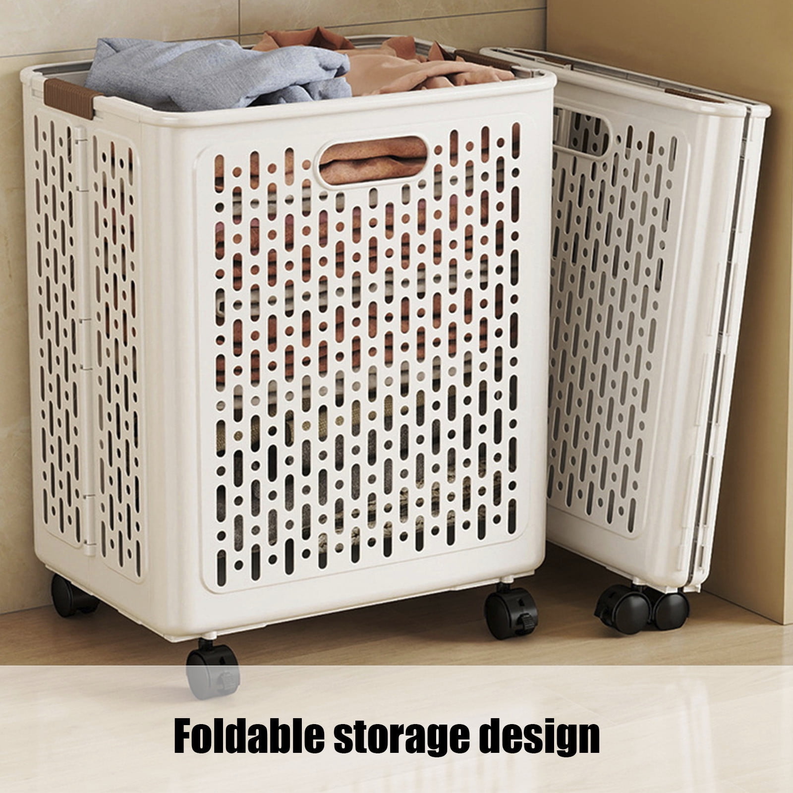 Chmadoxn Collapsible Laundry Hamper with Wheels - Foldable Storage Basket for Clothes, Toys & Organizing | Rolling Linen Cart w/ Handle, Portable Closet Utility Bin 18 Inch Tall White - Image 5