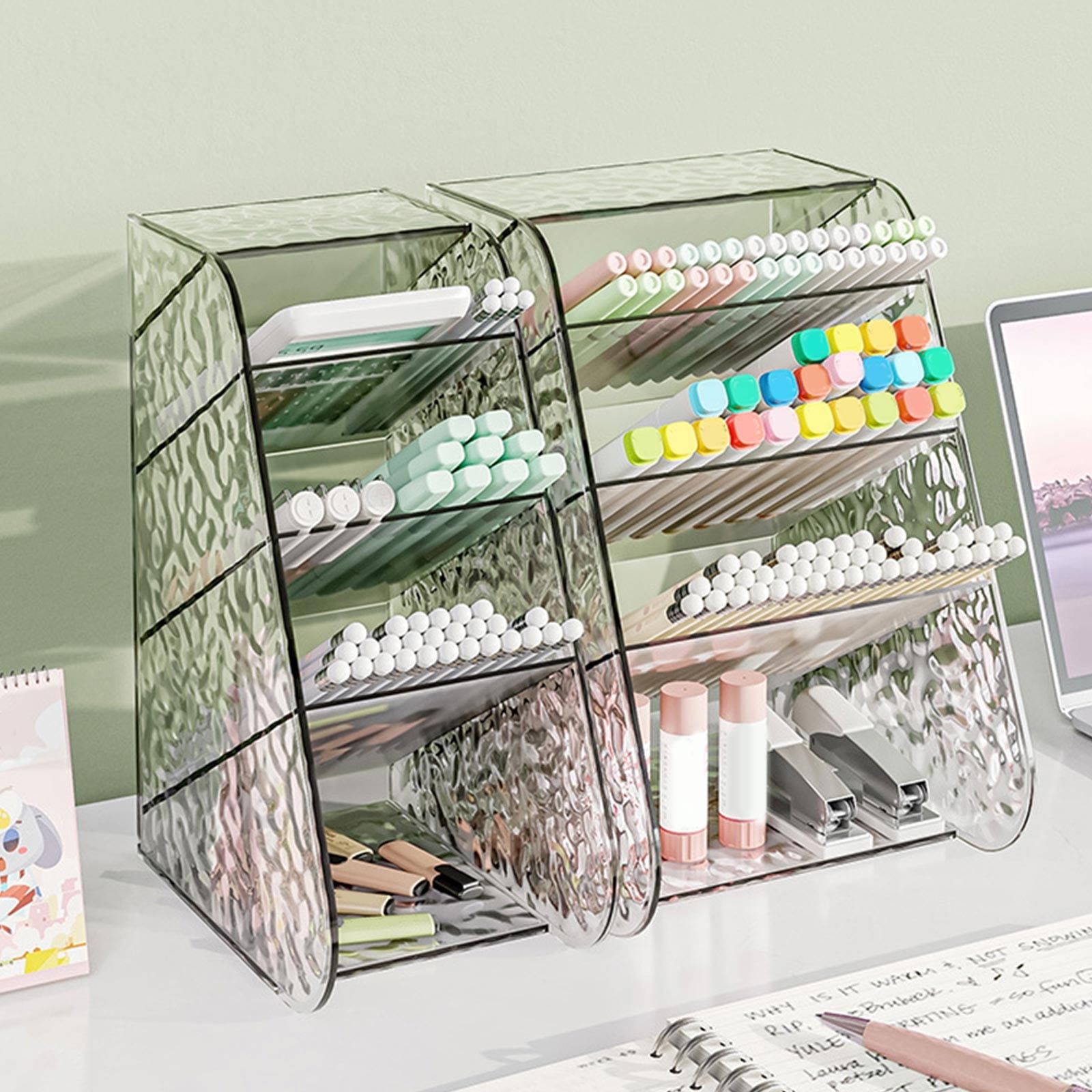 Kdkad Slanted Desktop Organizer - Clear Acrylic Pen Holder w/ Angled Slots, Cosmetic Brush Storage & Office Supply Tray for Desk (Multi-Use Stationery Box)\u200b\u200b L White - Image 1