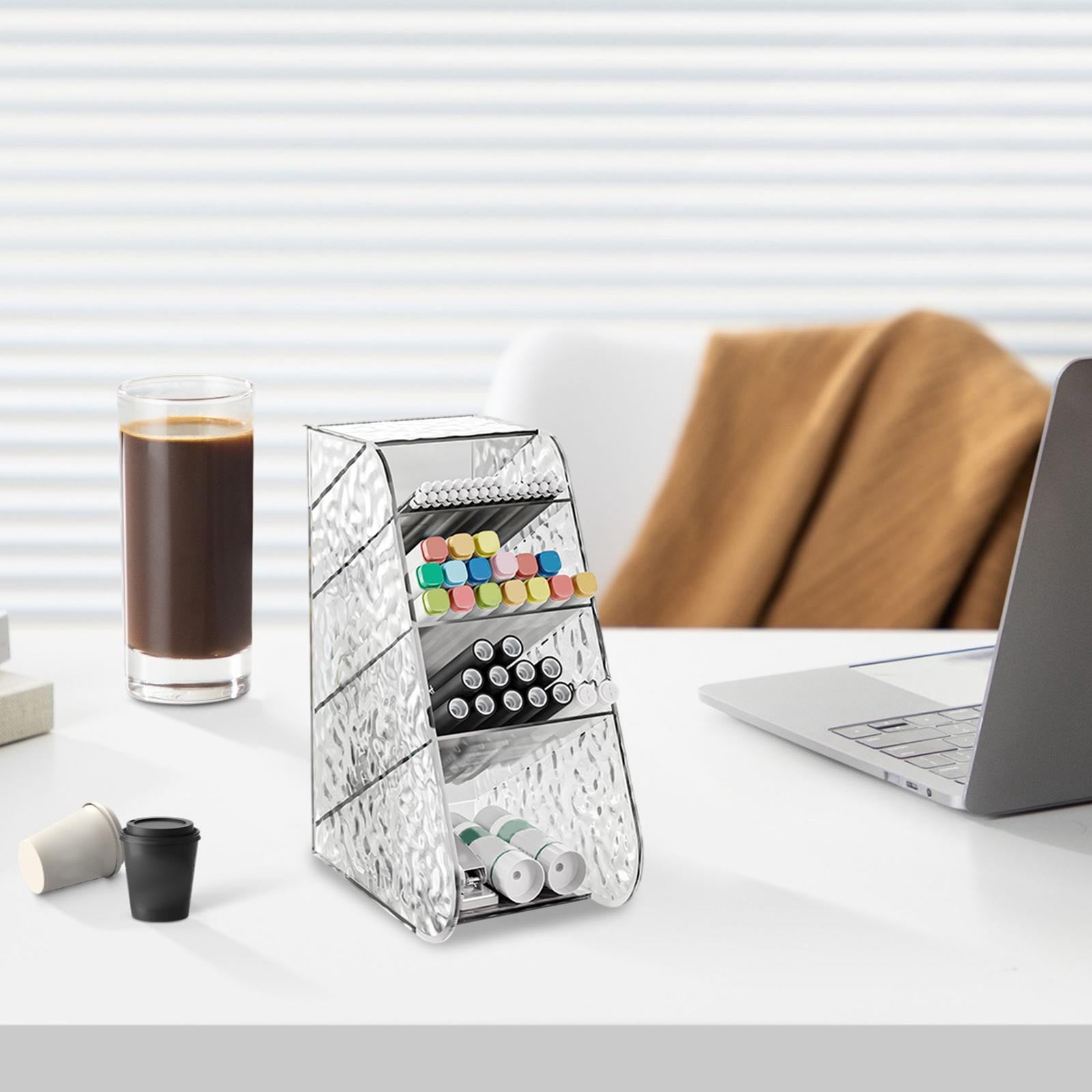 Kdkad Slanted Desktop Organizer - Clear Acrylic Pen Holder w/ Angled Slots, Cosmetic Brush Storage & Office Supply Tray for Desk (Multi-Use Stationery Box)\u200b\u200b L White - Image 6