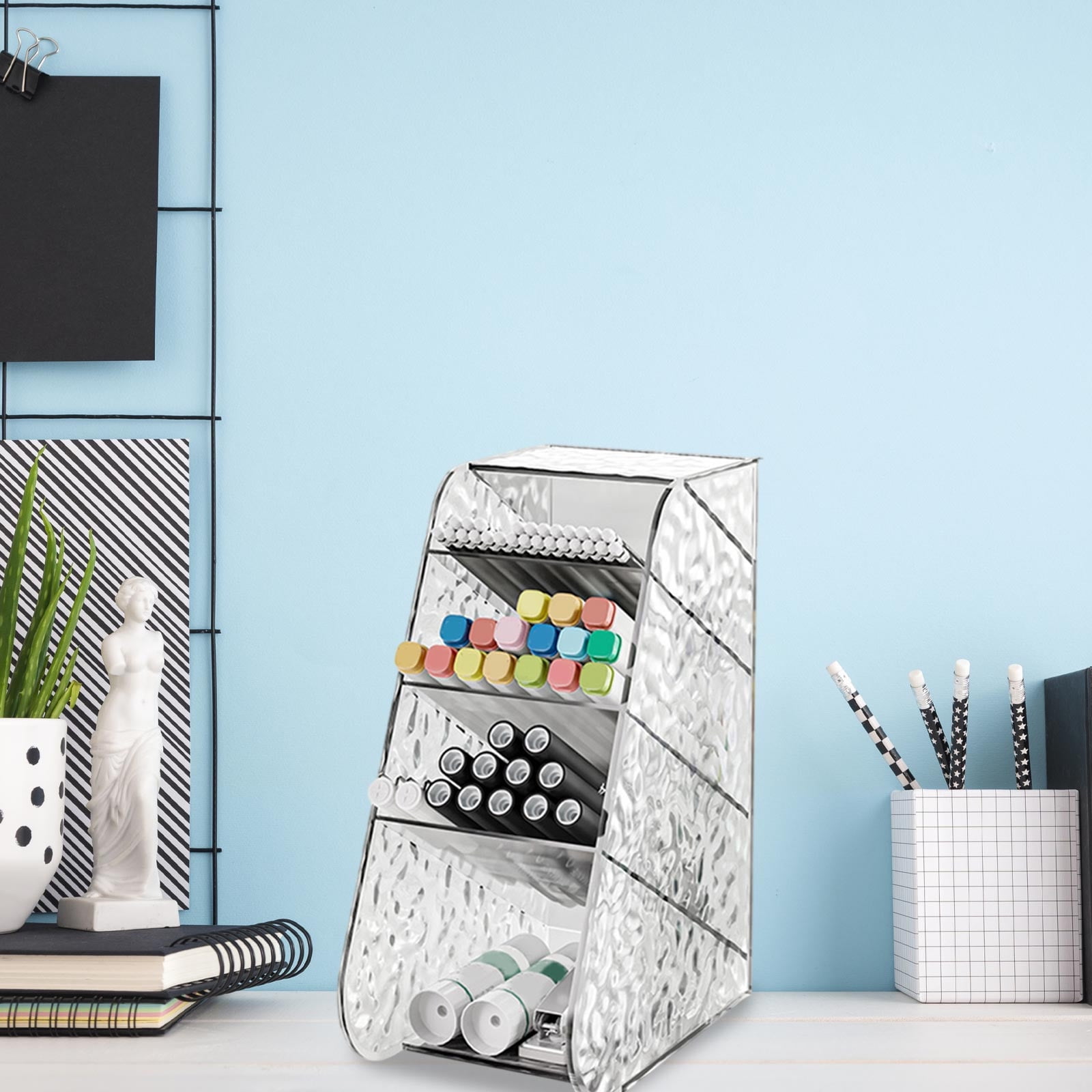 Kdkad Slanted Desktop Organizer - Clear Acrylic Pen Holder w/ Angled Slots, Cosmetic Brush Storage & Office Supply Tray for Desk (Multi-Use Stationery Box)\u200b\u200b L White - Image 7