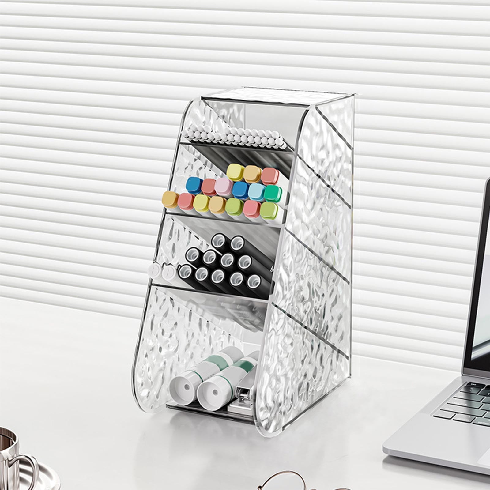 Kdkad Slanted Desktop Organizer - Clear Acrylic Pen Holder w/ Angled Slots, Cosmetic Brush Storage & Office Supply Tray for Desk (Multi-Use Stationery Box)\u200b\u200b M White - Image 2