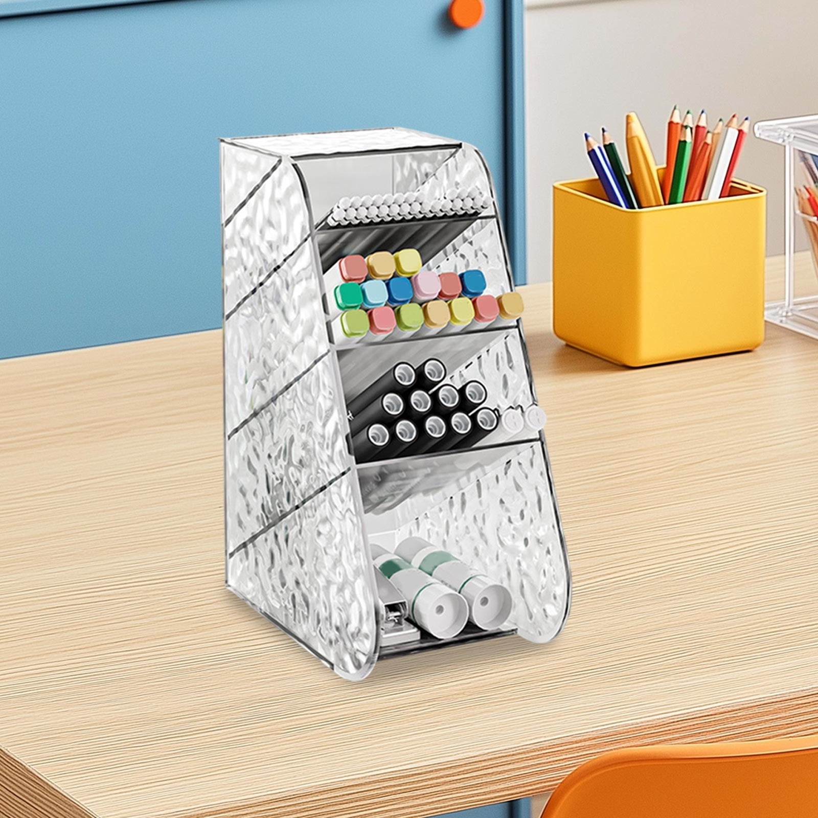 Kdkad Slanted Desktop Organizer - Clear Acrylic Pen Holder w/ Angled Slots, Cosmetic Brush Storage & Office Supply Tray for Desk (Multi-Use Stationery Box)\u200b\u200b M White - Image 5
