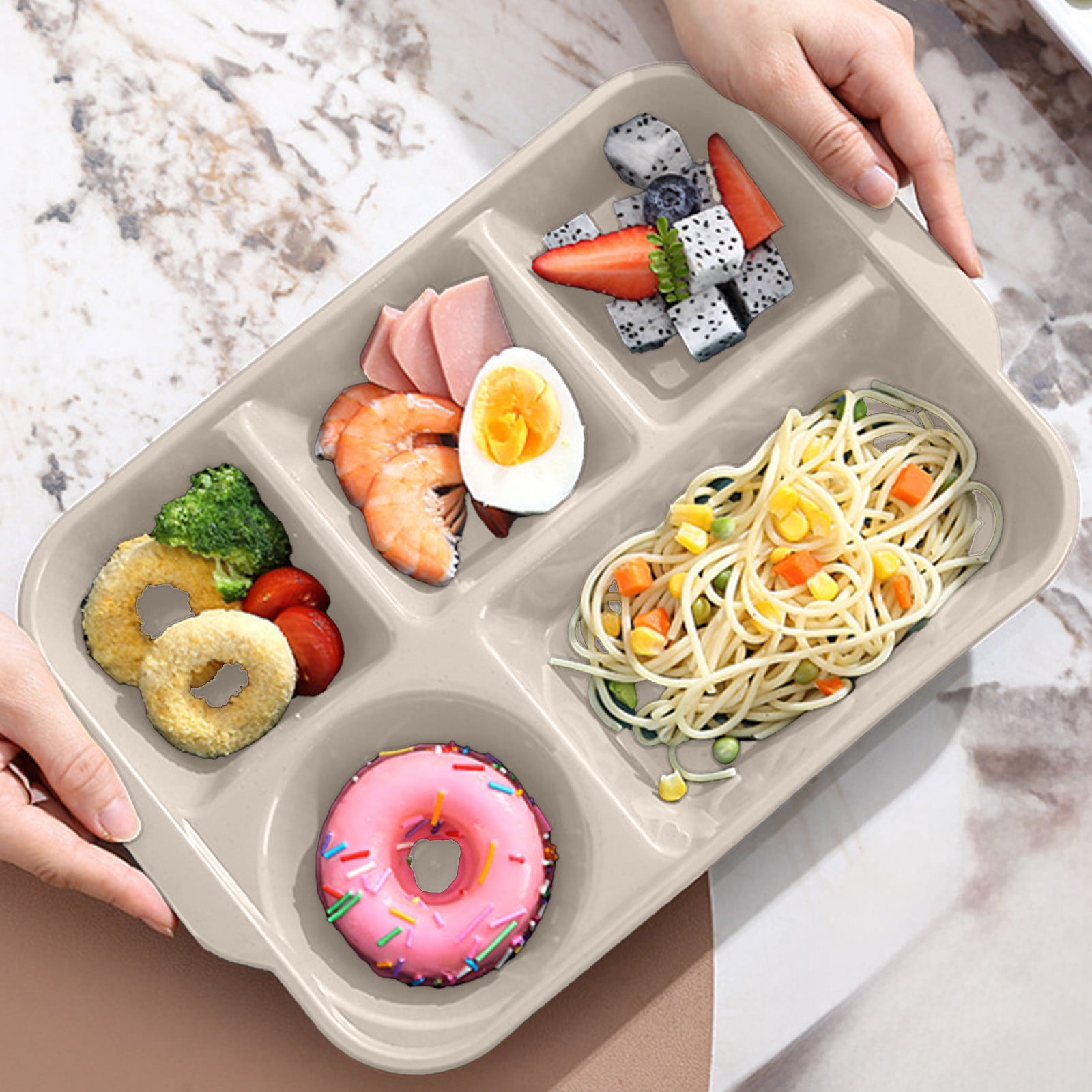 Darzheoy Unbreakable Divided Plates, 5-Compartment Wheat Straw Tray Divided Food Plates Lunch Trays Section Plates for Kids Adults, Microwave Dishwasher Safe, BPA Free Beige - Image 3