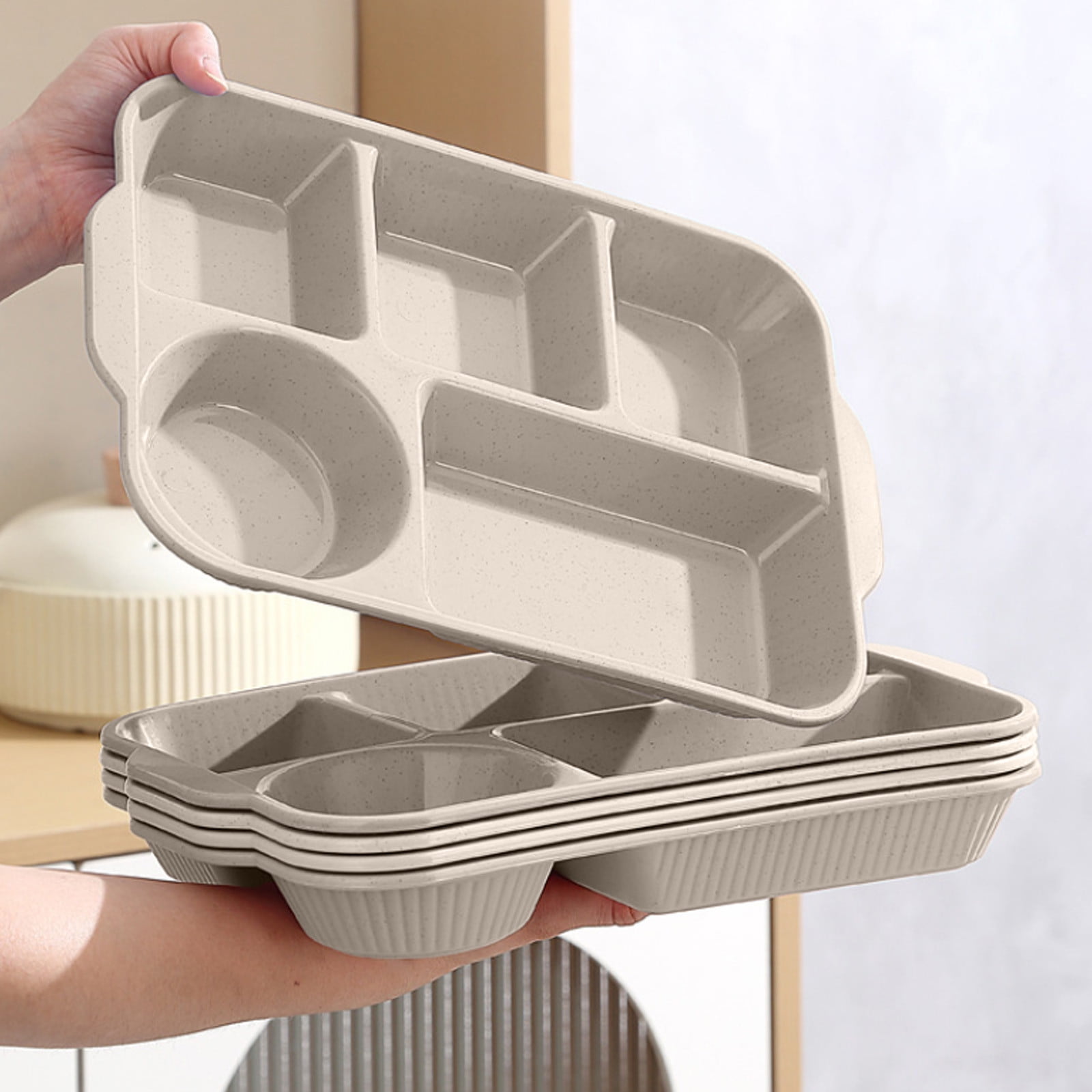 Darzheoy Unbreakable Divided Plates, 5-Compartment Wheat Straw Tray Divided Food Plates Lunch Trays Section Plates for Kids Adults, Microwave Dishwasher Safe, BPA Free Beige - Image 4