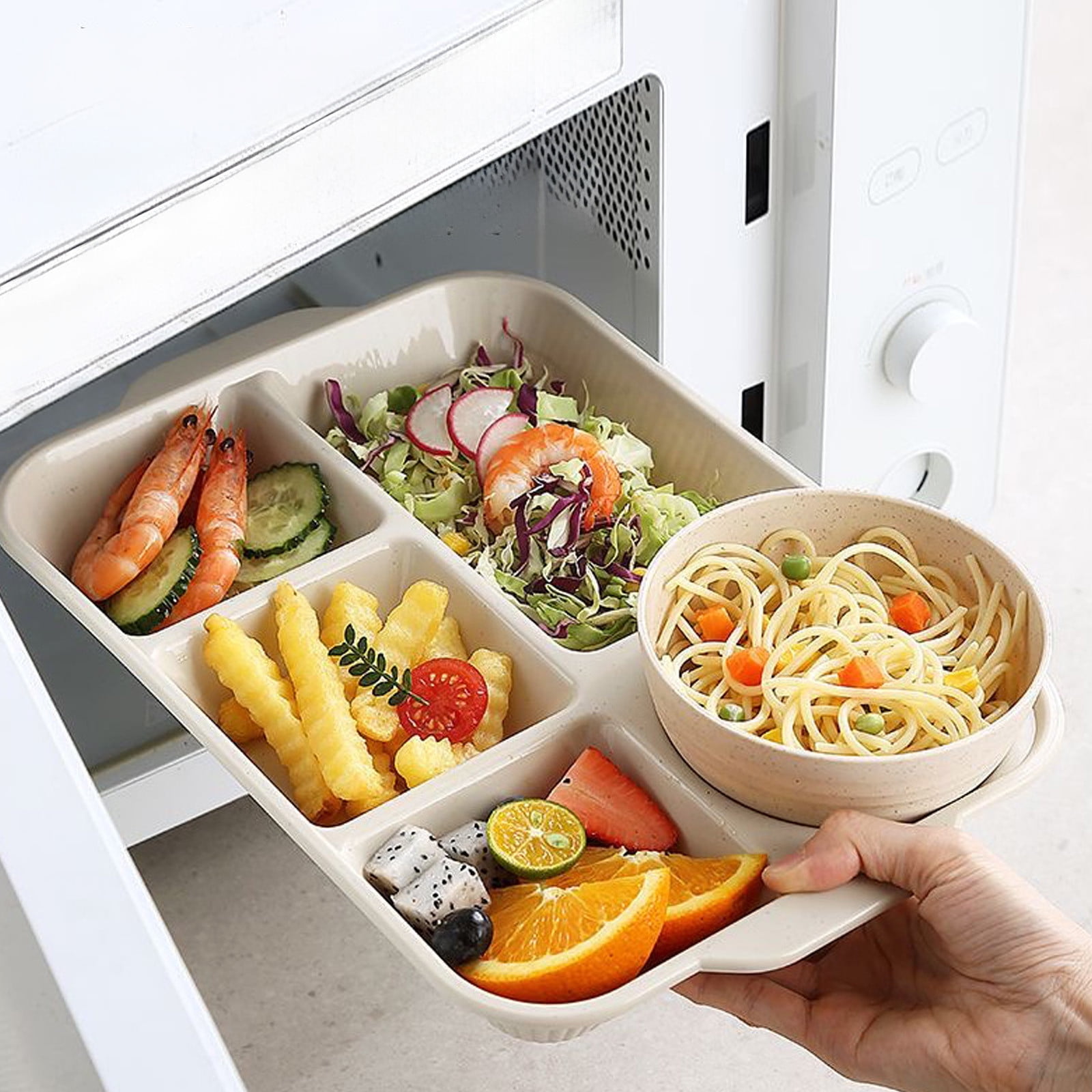Darzheoy Unbreakable Divided Plates, 5-Compartment Wheat Straw Tray Divided Food Plates Lunch Trays Section Plates for Kids Adults, Microwave Dishwasher Safe, BPA Free Beige - Image 6