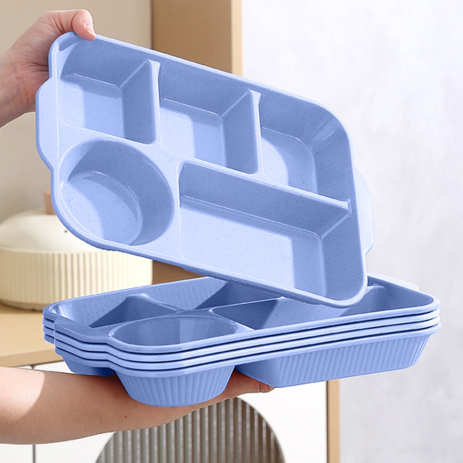Darzheoy Unbreakable Divided Plates, 5-Compartment Wheat Straw Tray Divided Food Plates Lunch Trays Section Plates for Kids Adults, Microwave Dishwasher Safe, BPA Free Blue - Image 4