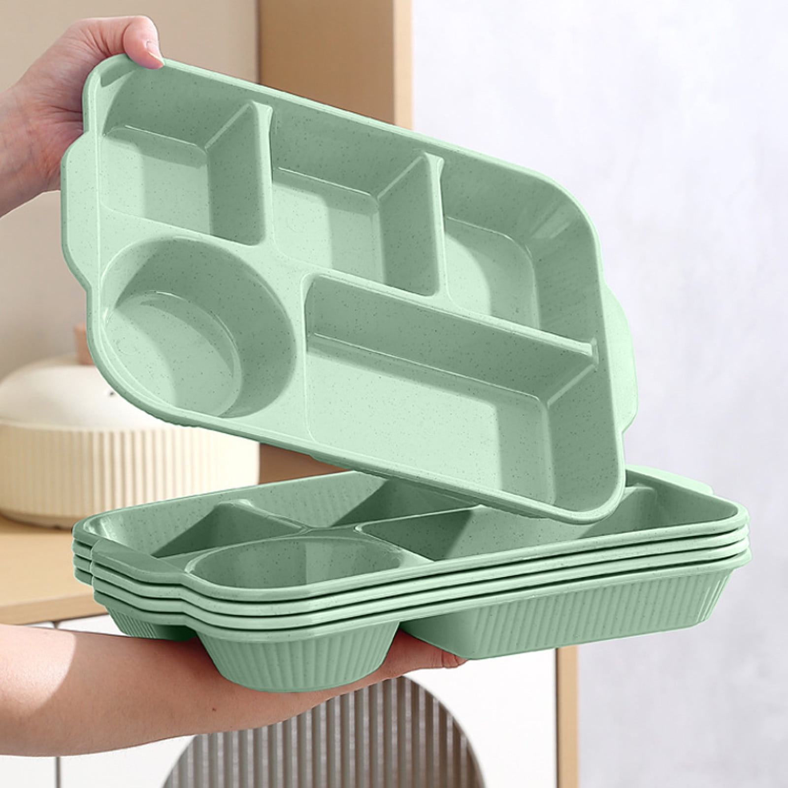 Darzheoy Unbreakable Divided Plates, 5-Compartment Wheat Straw Tray Divided Food Plates Lunch Trays Section Plates for Kids Adults, Microwave Dishwasher Safe, BPA Free Green - Image 4
