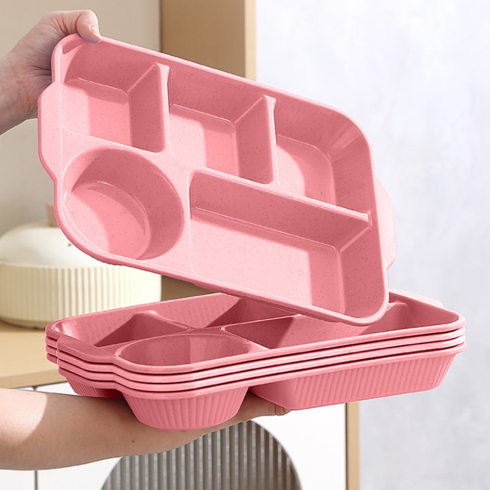Darzheoy Unbreakable Divided Plates, 5-Compartment Wheat Straw Tray Divided Food Plates Lunch Trays Section Plates for Kids Adults, Microwave Dishwasher Safe, BPA Free Pink - Image 4