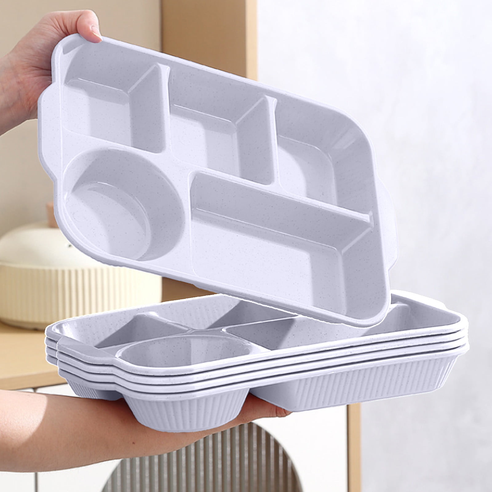 Darzheoy Unbreakable Divided Plates, 5-Compartment Wheat Straw Tray Divided Food Plates Lunch Trays Section Plates for Kids Adults, Microwave Dishwasher Safe, BPA Free White - Image 4