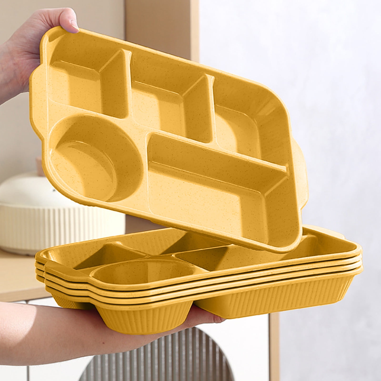 Darzheoy Unbreakable Divided Plates, 5-Compartment Wheat Straw Tray Divided Food Plates Lunch Trays Section Plates for Kids Adults, Microwave Dishwasher Safe, BPA Free Yellow - Image 4