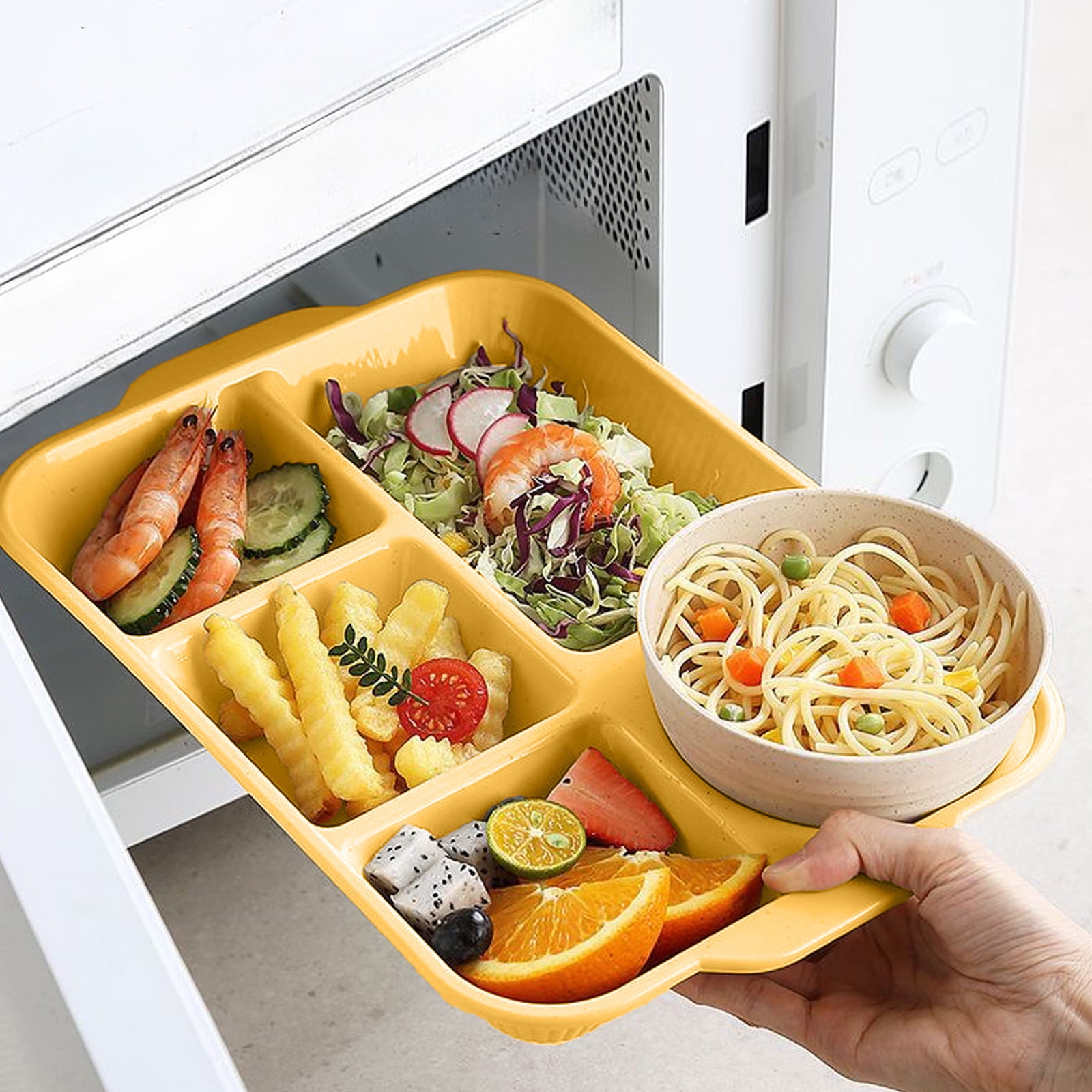 Darzheoy Unbreakable Divided Plates, 5-Compartment Wheat Straw Tray Divided Food Plates Lunch Trays Section Plates for Kids Adults, Microwave Dishwasher Safe, BPA Free Yellow - Image 6