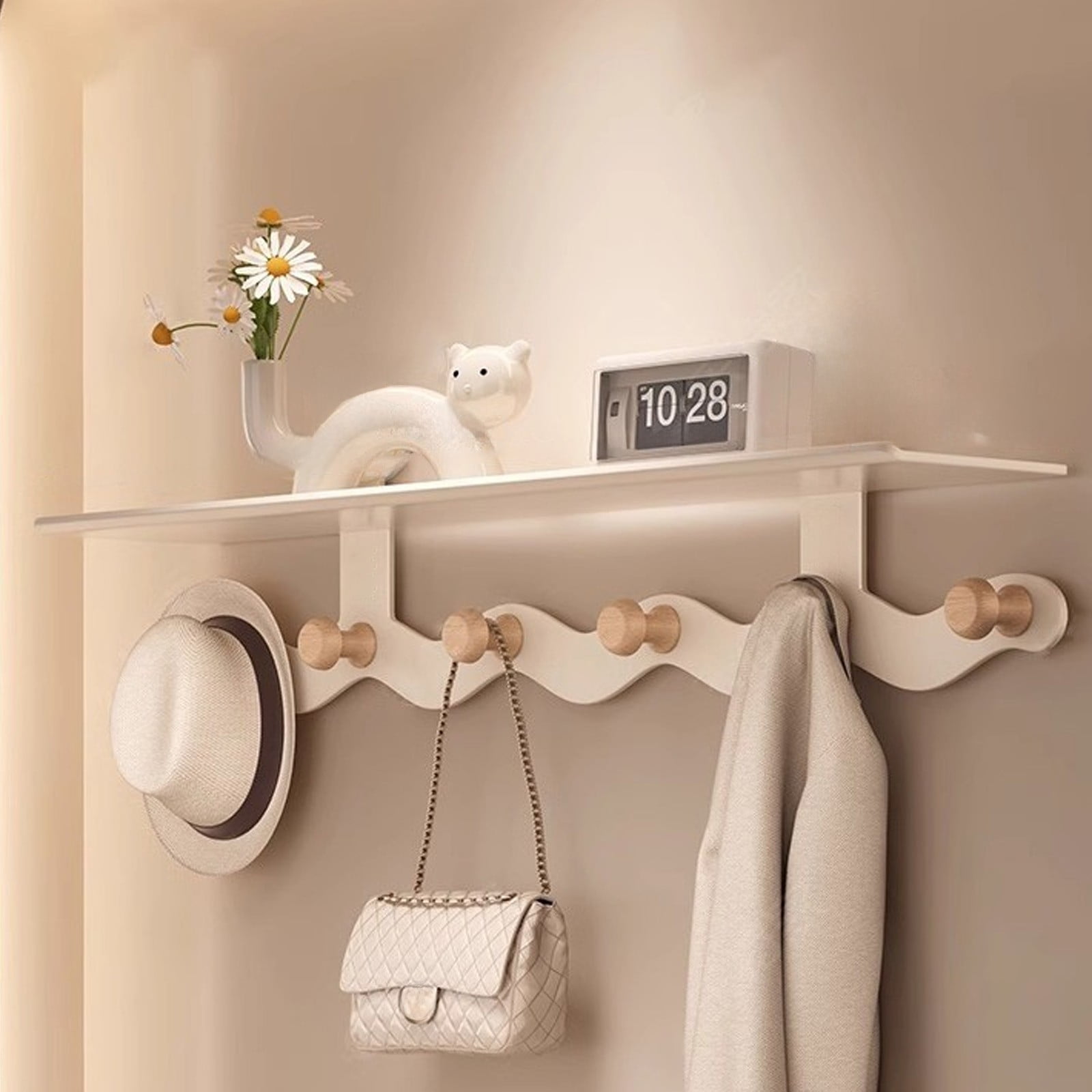 Darzheoy Wall Mounted Coat Rack with Shelf, 14 inches White Wood Floating Shelf for Entryway, Bathroom, Bedroom L - Image 1