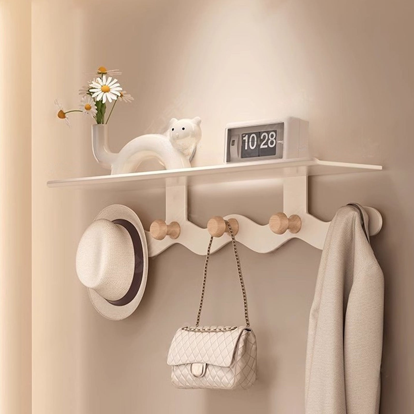 Darzheoy Wall Mounted Coat Rack with Shelf, 14 inches White Wood Floating Shelf for Entryway, Bathroom, Bedroom S - Image 1