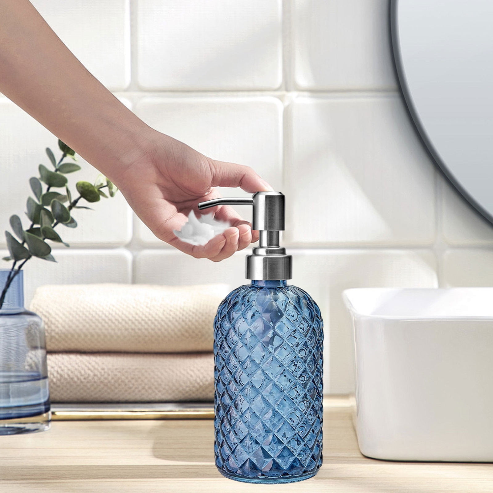 Darzheoy Glass Soap Dispenser 15 Oz for Bathroom Kitchen, Hand Soap/Lotion Dispenser with Plastic Pump Blue - Image 3