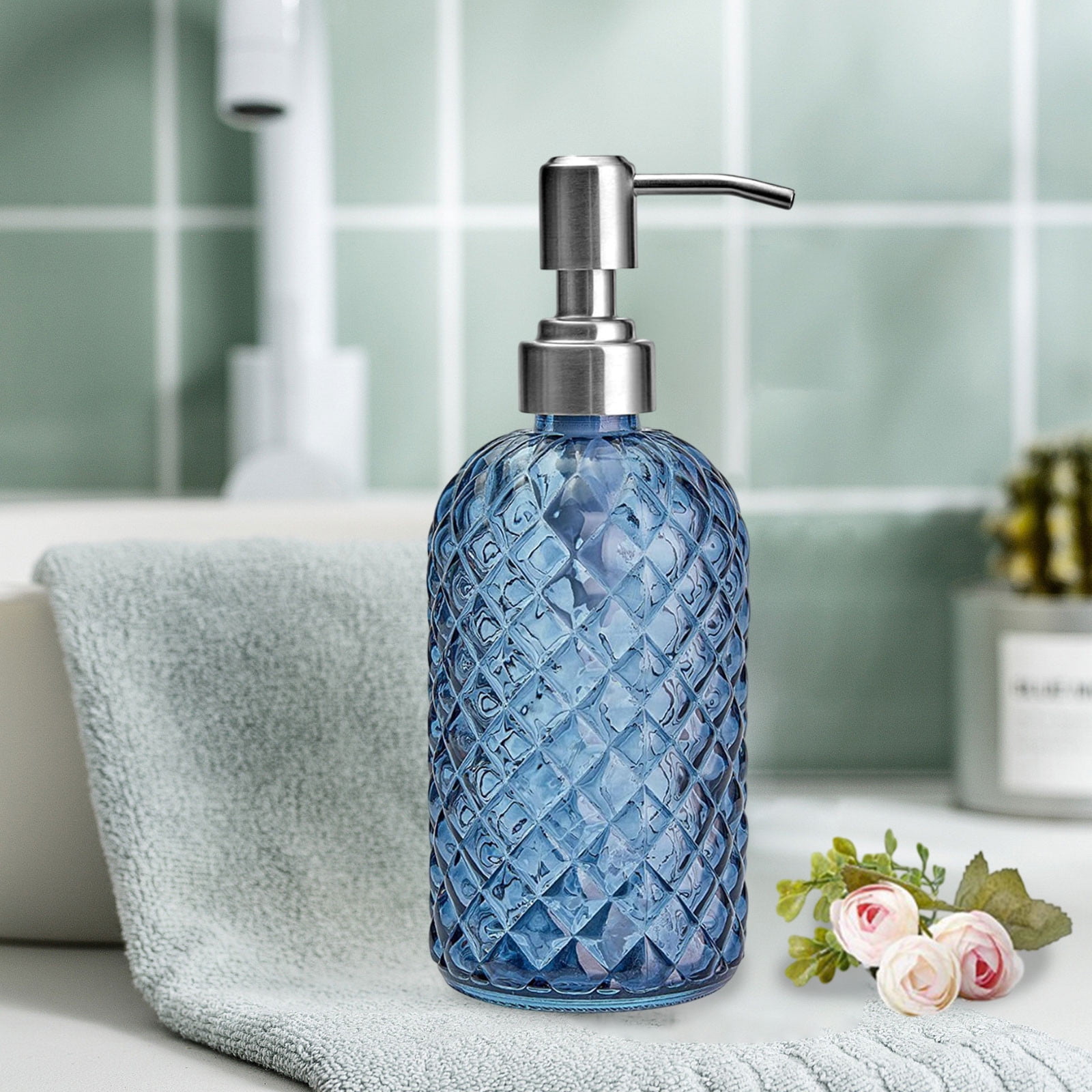 Darzheoy Glass Soap Dispenser 15 Oz for Bathroom Kitchen, Hand Soap/Lotion Dispenser with Plastic Pump Blue - Image 4
