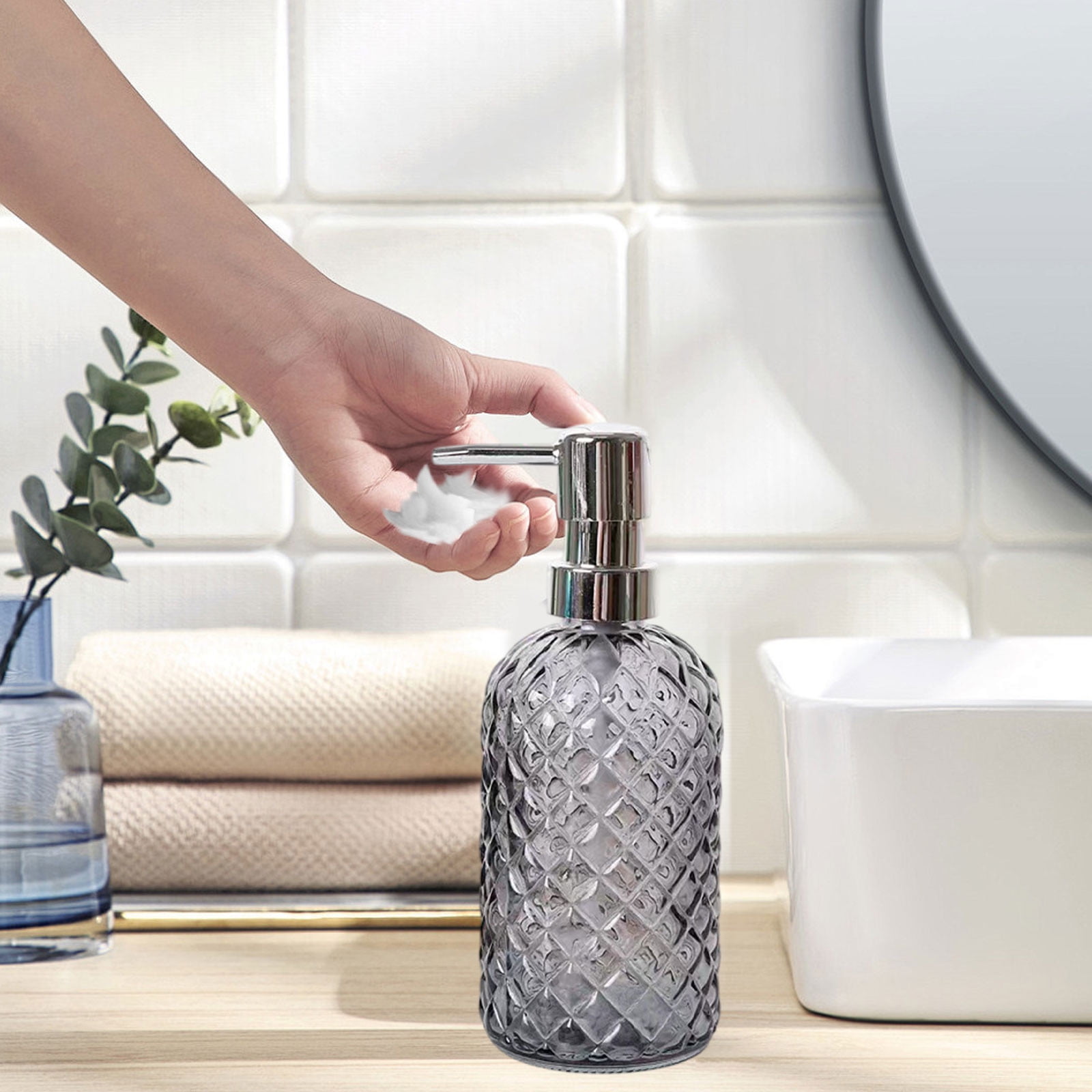 Darzheoy Glass Soap Dispenser 15 Oz for Bathroom Kitchen, Hand Soap/Lotion Dispenser with Plastic Pump Gray - Image 4