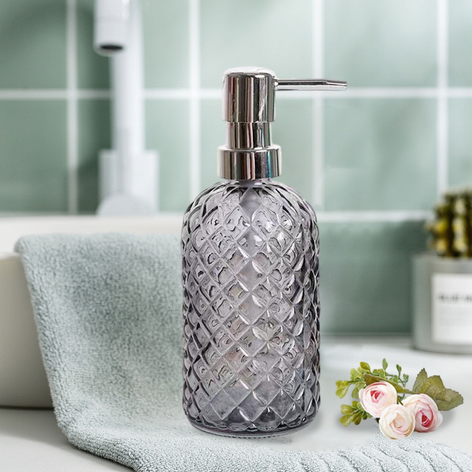Darzheoy Glass Soap Dispenser 15 Oz for Bathroom Kitchen, Hand Soap/Lotion Dispenser with Plastic Pump Gray - Image 5
