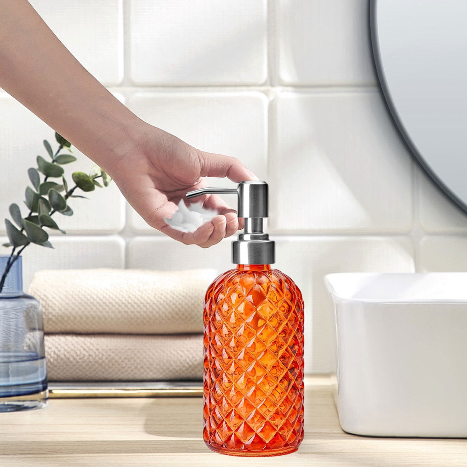 Darzheoy Glass Soap Dispenser 15 Oz for Bathroom Kitchen, Hand Soap/Lotion Dispenser with Plastic Pump Orange - Image 3