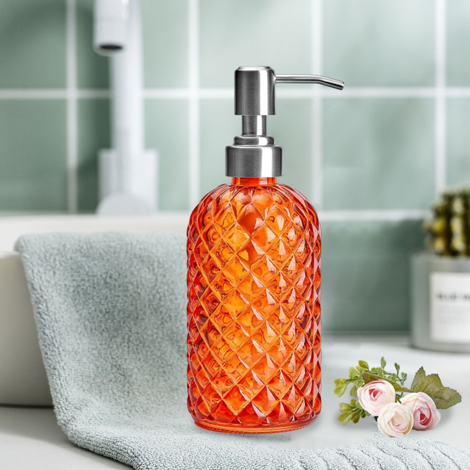 Darzheoy Glass Soap Dispenser 15 Oz for Bathroom Kitchen, Hand Soap/Lotion Dispenser with Plastic Pump Orange - Image 4