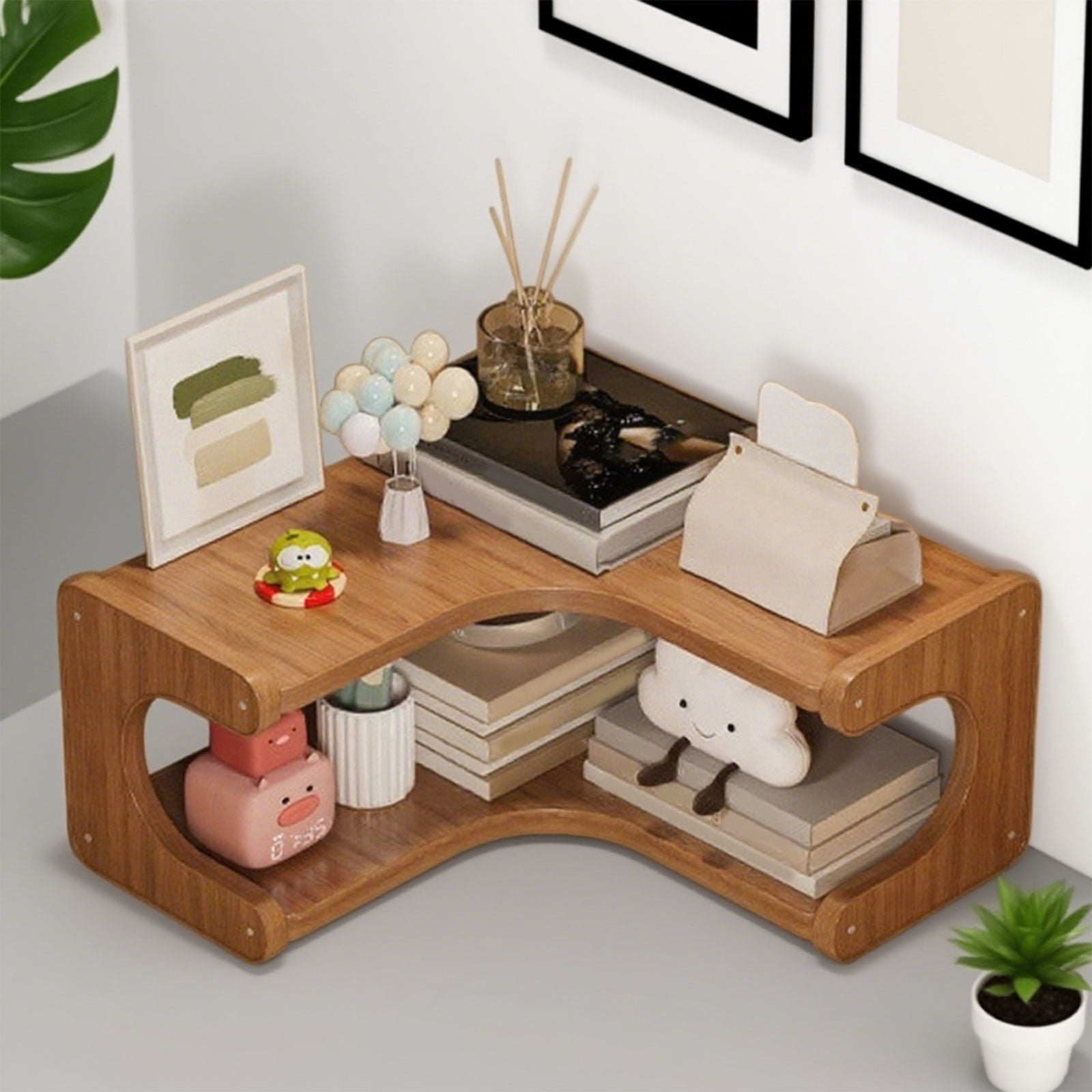 Kdkad 2-Tier Corner Desk Shelf 14x5 Inch Solid Wood Organizer for Kitchen/Bathroom/ice Multi-Functional Storage Rack Space-Saving Display Stand for Mugs & Supplies - Image 1