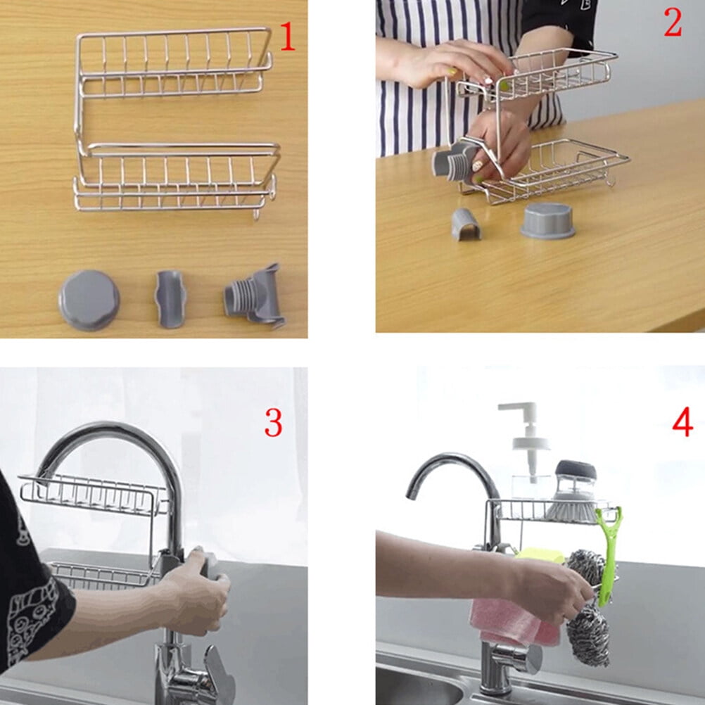 HOOWIFFY Silver Stainless Steel Faucet Storage Rack Adjustable Sponge Holder for Draining Kitchen Sink 7.5x3.5x4.7 Inches - Image 3