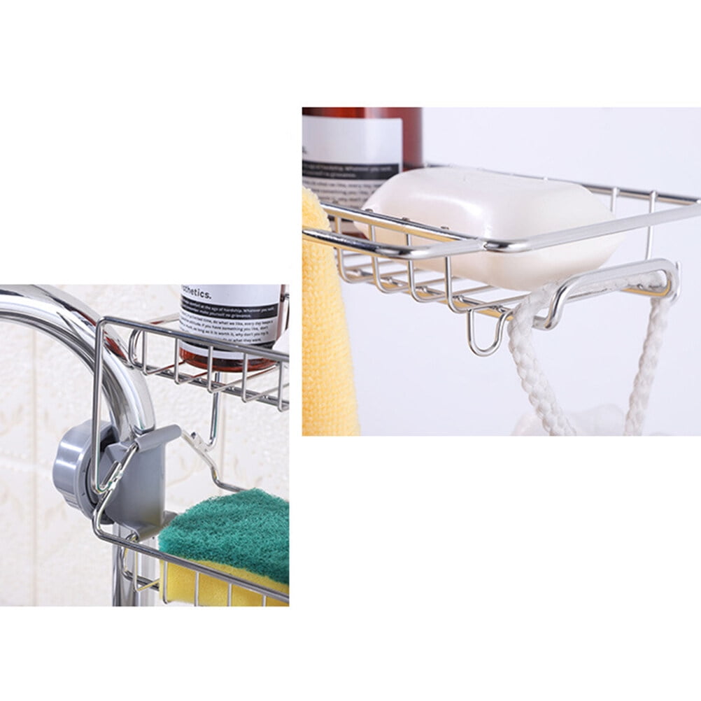 HOOWIFFY Silver Stainless Steel Faucet Storage Rack Adjustable Sponge Holder for Draining Kitchen Sink 7.5x3.5x4.7 Inches - Image 6
