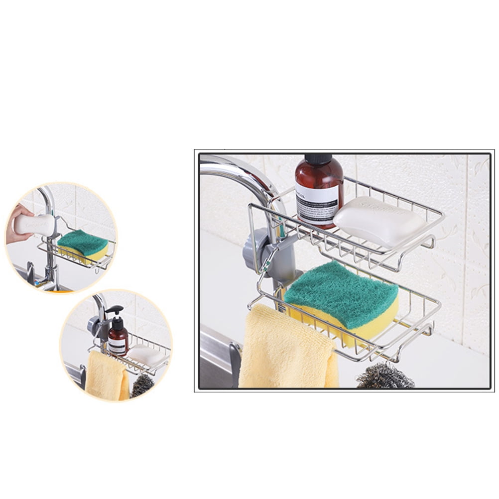 HOOWIFFY Silver Stainless Steel Faucet Storage Rack Adjustable Sponge Holder for Draining Kitchen Sink 7.5x3.5x4.7 Inches - Image 7