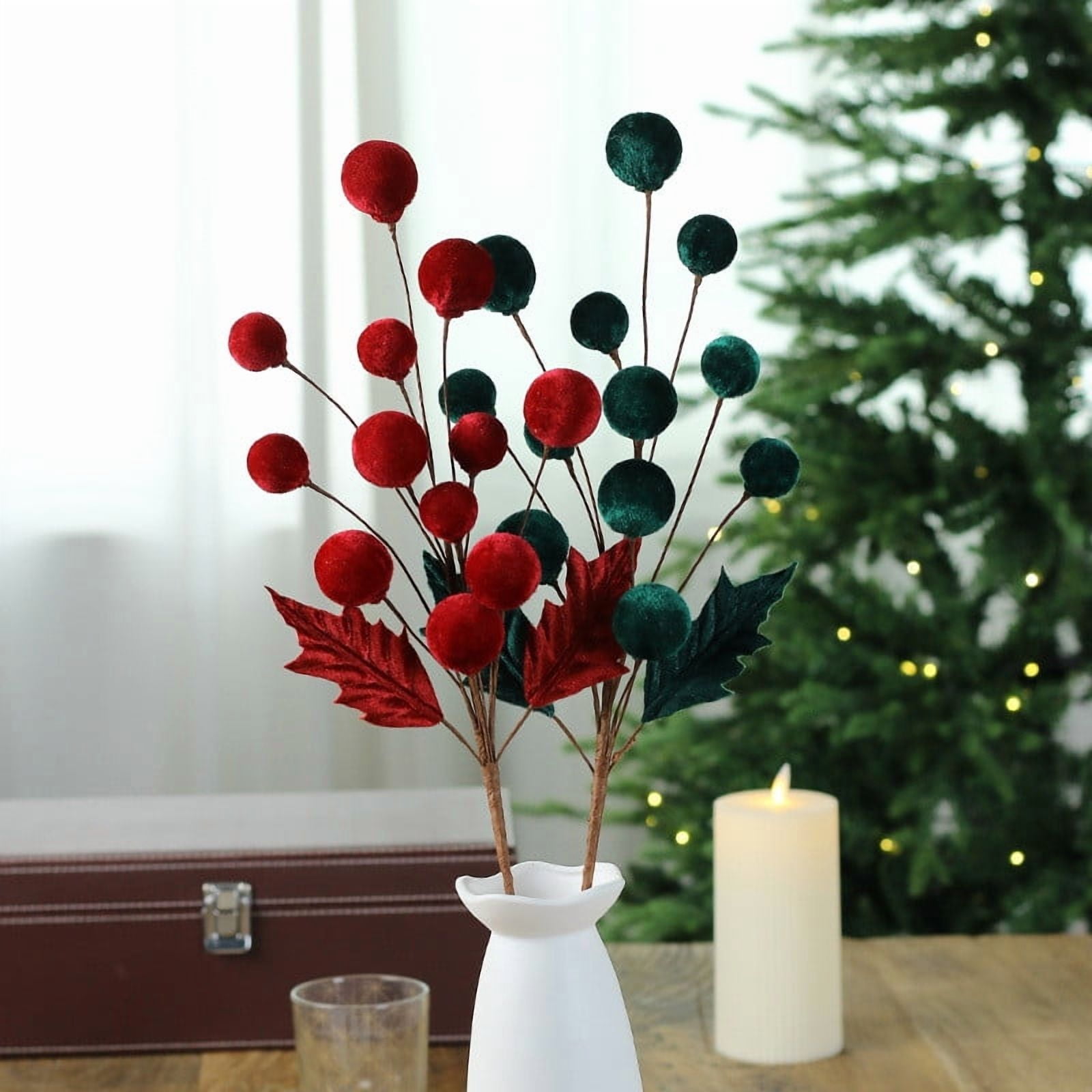 AYktou 21 Inch Christmas Artificial Flowers, Velvet Balls Fake Flowers with Branches, Elegant Unique Flower Arrangement Vase Layout, Christmas Plants for Living Room Dining Table Home Decor, White D - Image 2