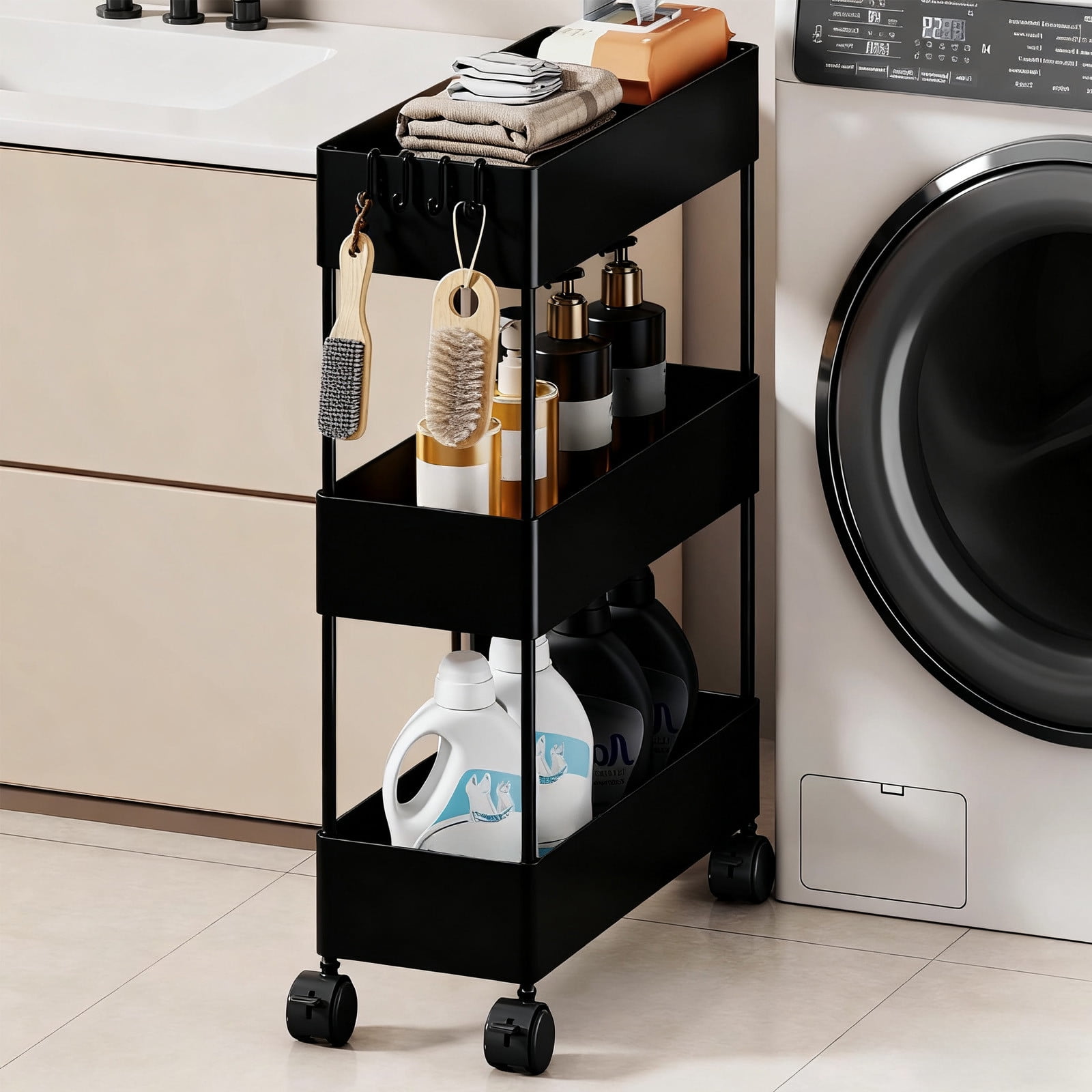 Kdkad Slim Space Saver Rolling Cart, 4.7-Inch Wide Storage Organizer with Wheels for Bathroom, Laundry Room, Between Washer & Toilet, 3-Tier Slim Design Black - Image 2