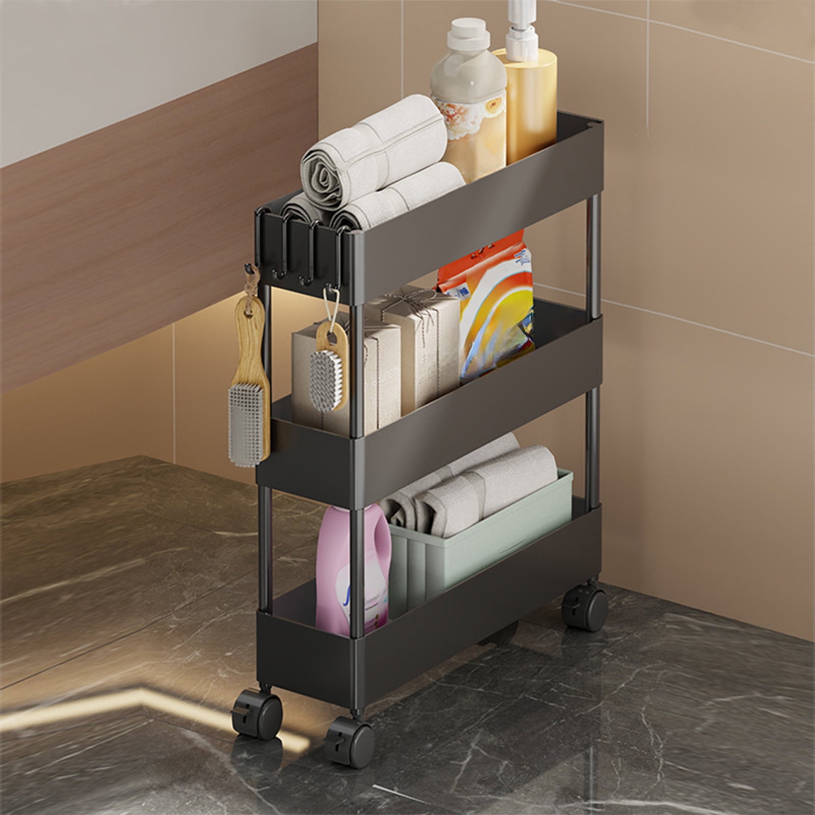 Kdkad Slim Space Saver Rolling Cart, 4.7-Inch Wide Storage Organizer with Wheels for Bathroom, Laundry Room, Between Washer & Toilet, 3-Tier Slim Design Black - Image 5
