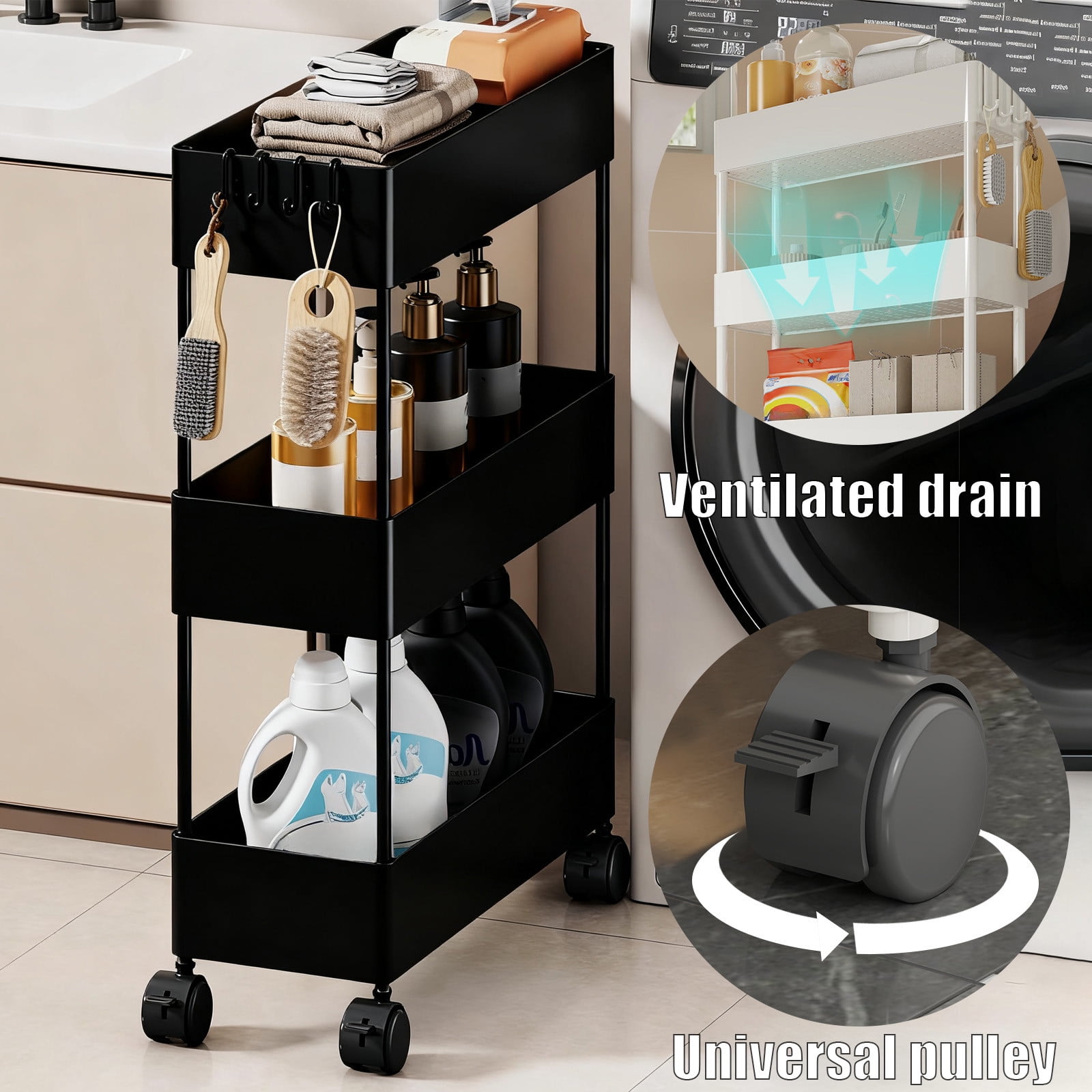 Kdkad Slim Space Saver Rolling Cart, 4.7-Inch Wide Storage Organizer with Wheels for Bathroom, Laundry Room, Between Washer & Toilet, 3-Tier Slim Design Black - Image 7