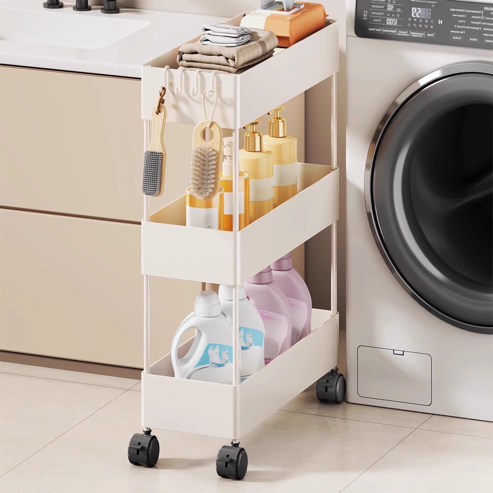 Kdkad Slim Space Saver Rolling Cart, 4.7-Inch Wide Storage Organizer with Wheels for Bathroom, Laundry Room, Between Washer & Toilet, 3-Tier Slim Design White - Image 2