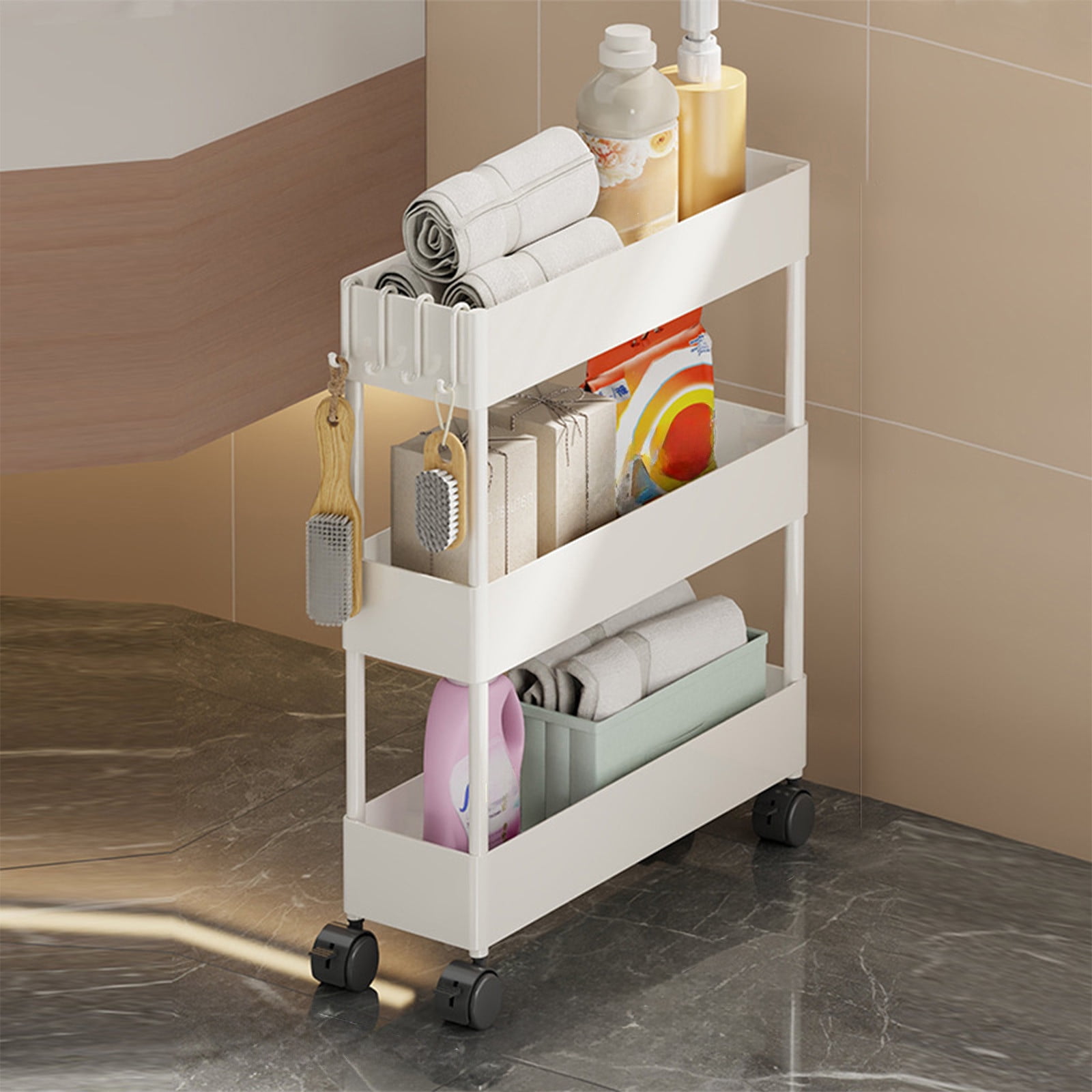 Kdkad Slim Space Saver Rolling Cart, 4.7-Inch Wide Storage Organizer with Wheels for Bathroom, Laundry Room, Between Washer & Toilet, 3-Tier Slim Design White - Image 5