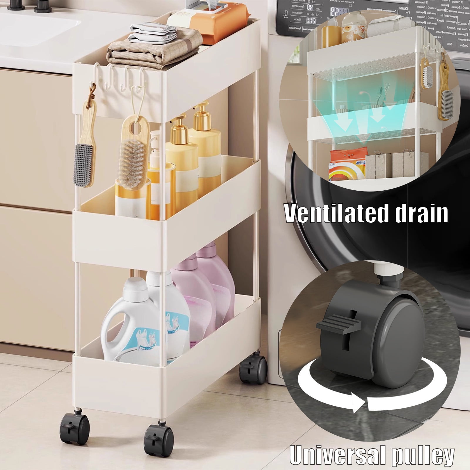 Kdkad Slim Space Saver Rolling Cart, 4.7-Inch Wide Storage Organizer with Wheels for Bathroom, Laundry Room, Between Washer & Toilet, 3-Tier Slim Design White - Image 7