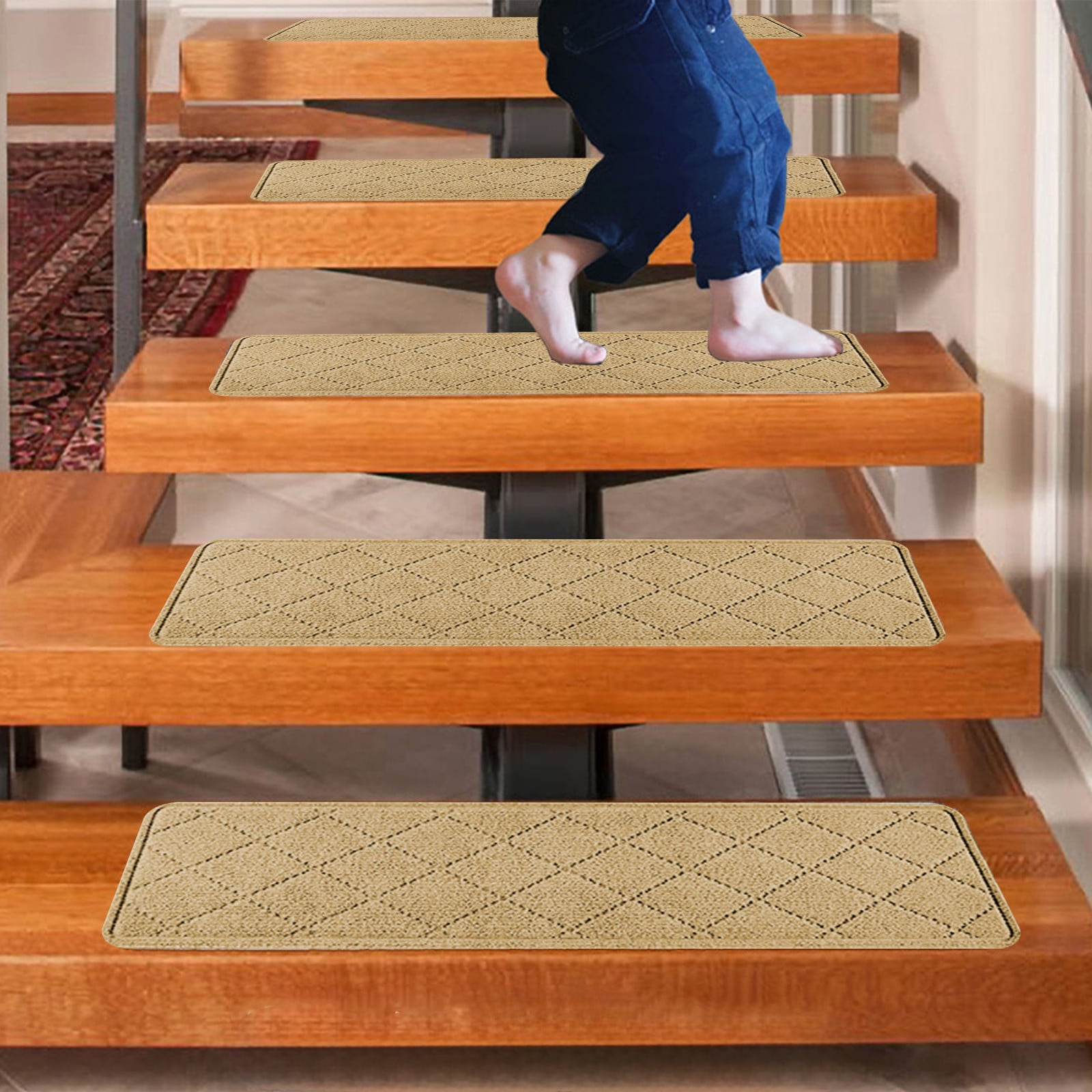 Chmadoxn 4-Piece Non-Slip Stair Treads, Self-Adhesive Striped Carpet Mats, Absorbent & Quiet Step Pads, Can Be Cut to Fit, Washable for Indoor Staircase Safety\u200b\u200b Beige - Image 1