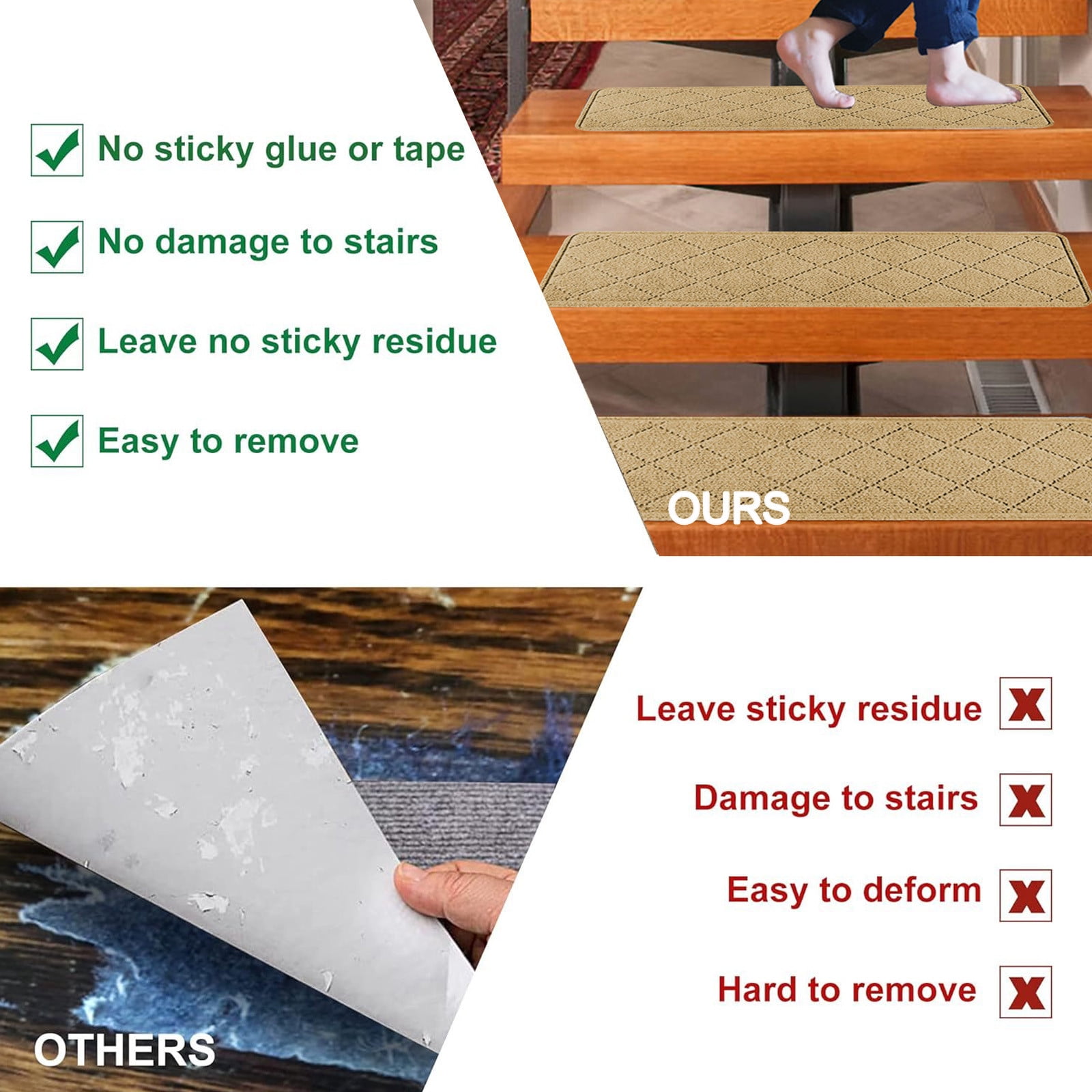 Chmadoxn 4-Piece Non-Slip Stair Treads, Self-Adhesive Striped Carpet Mats, Absorbent & Quiet Step Pads, Can Be Cut to Fit, Washable for Indoor Staircase Safety\u200b\u200b Beige - Image 5