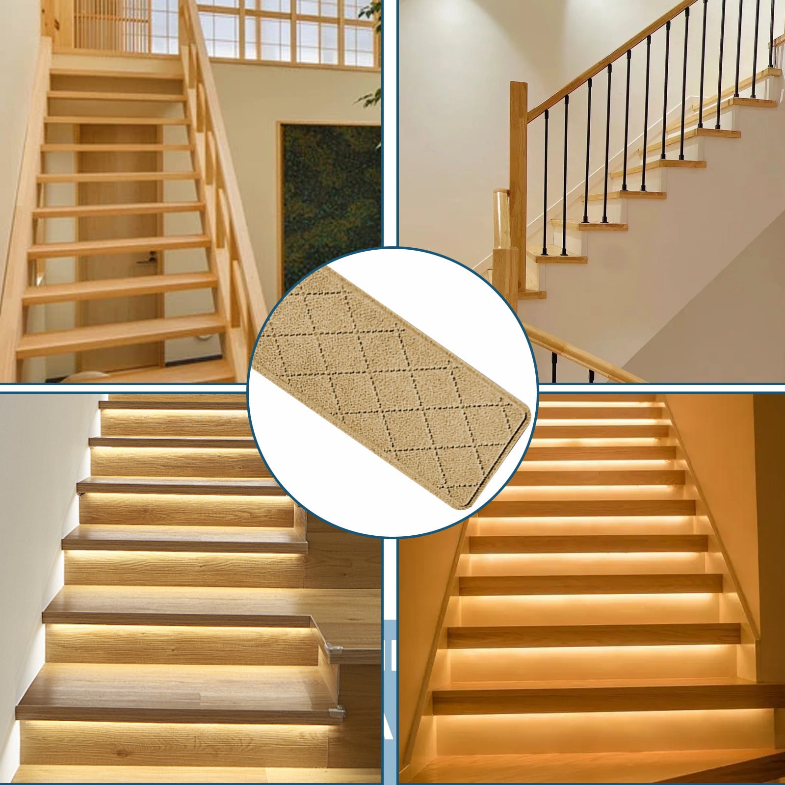 Chmadoxn 4-Piece Non-Slip Stair Treads, Self-Adhesive Striped Carpet Mats, Absorbent & Quiet Step Pads, Can Be Cut to Fit, Washable for Indoor Staircase Safety\u200b\u200b Beige - Image 7