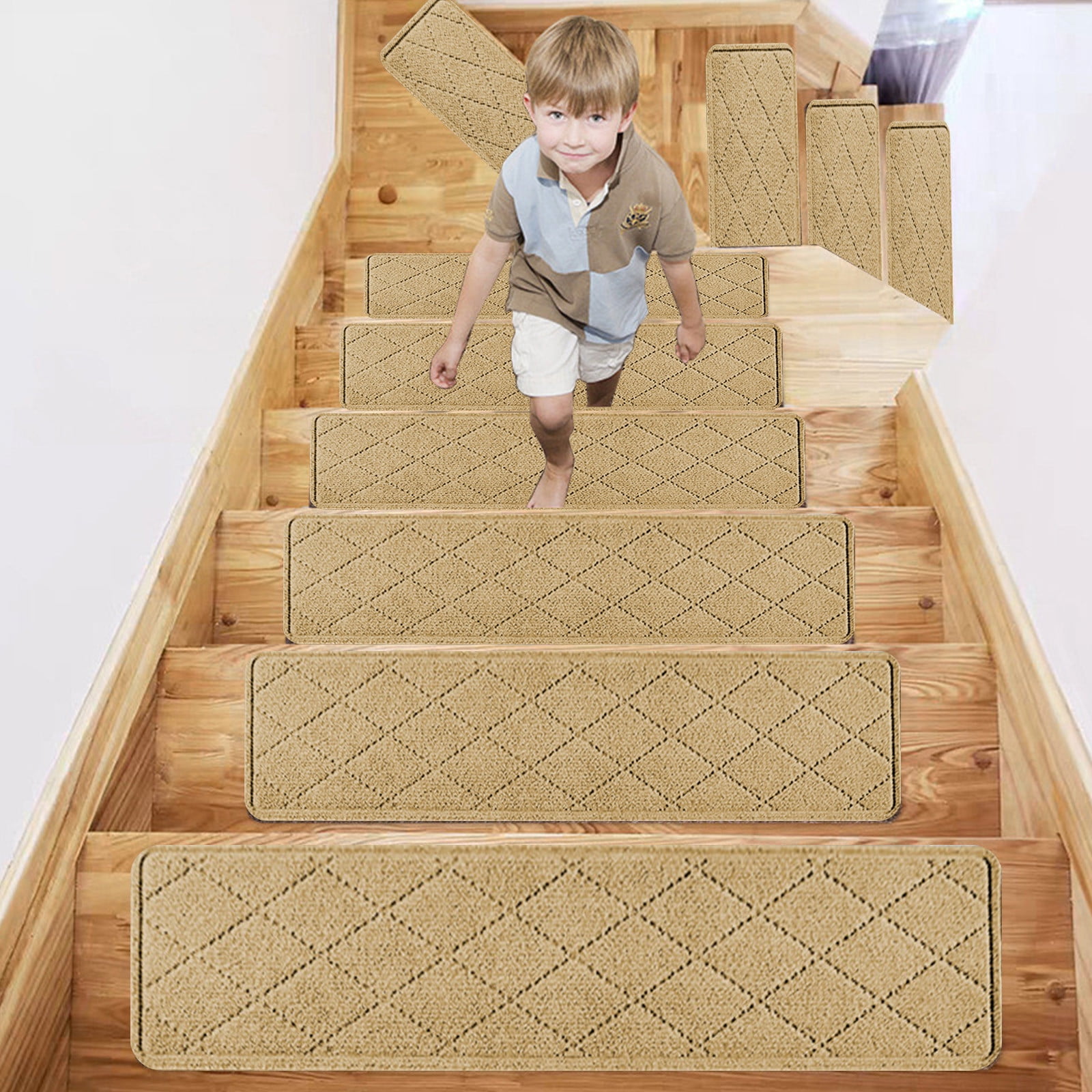 Chmadoxn 4-Piece Non-Slip Stair Treads, Self-Adhesive Striped Carpet Mats, Absorbent & Quiet Step Pads, Can Be Cut to Fit, Washable for Indoor Staircase Safety\u200b\u200b Beige - Image 8