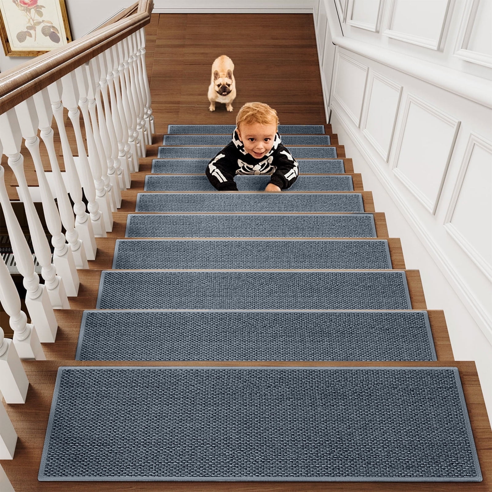 Chmadoxn 4-Piece Non-Slip Stair Treads, Self-Adhesive Striped Carpet Mats, Absorbent & Quiet Step Pads, Can Be Cut to Fit, Washable for Indoor Staircase Safety\u200b\u200b Gray 1 - Image 1