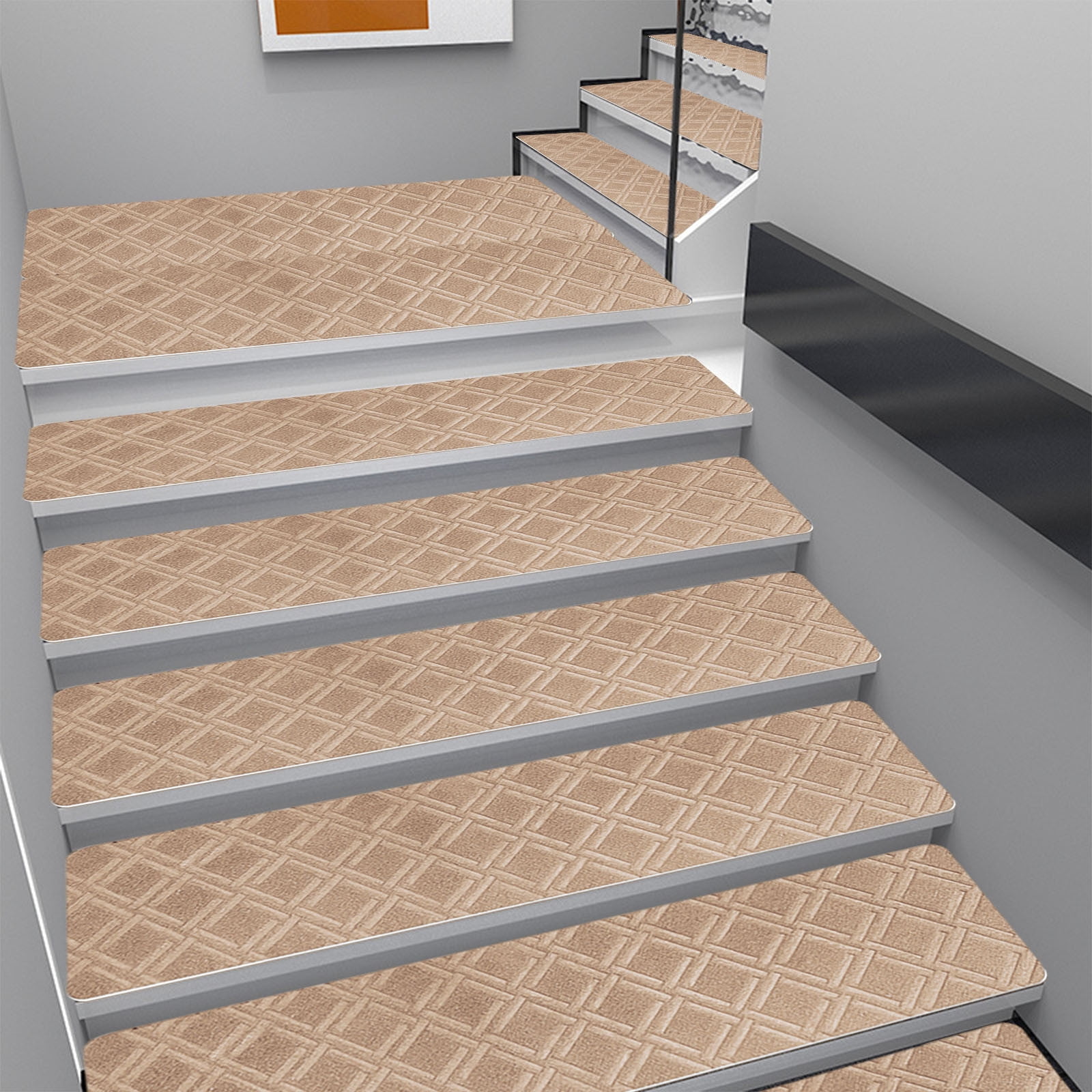 Chmadoxn 4-Piece Non-Slip Stair Treads, Self-Adhesive Striped Carpet Mats, Absorbent & Quiet Step Pads, Can Be Cut to Fit, Washable for Indoor Staircase Safety\u200b\u200b Khaki - Image 1