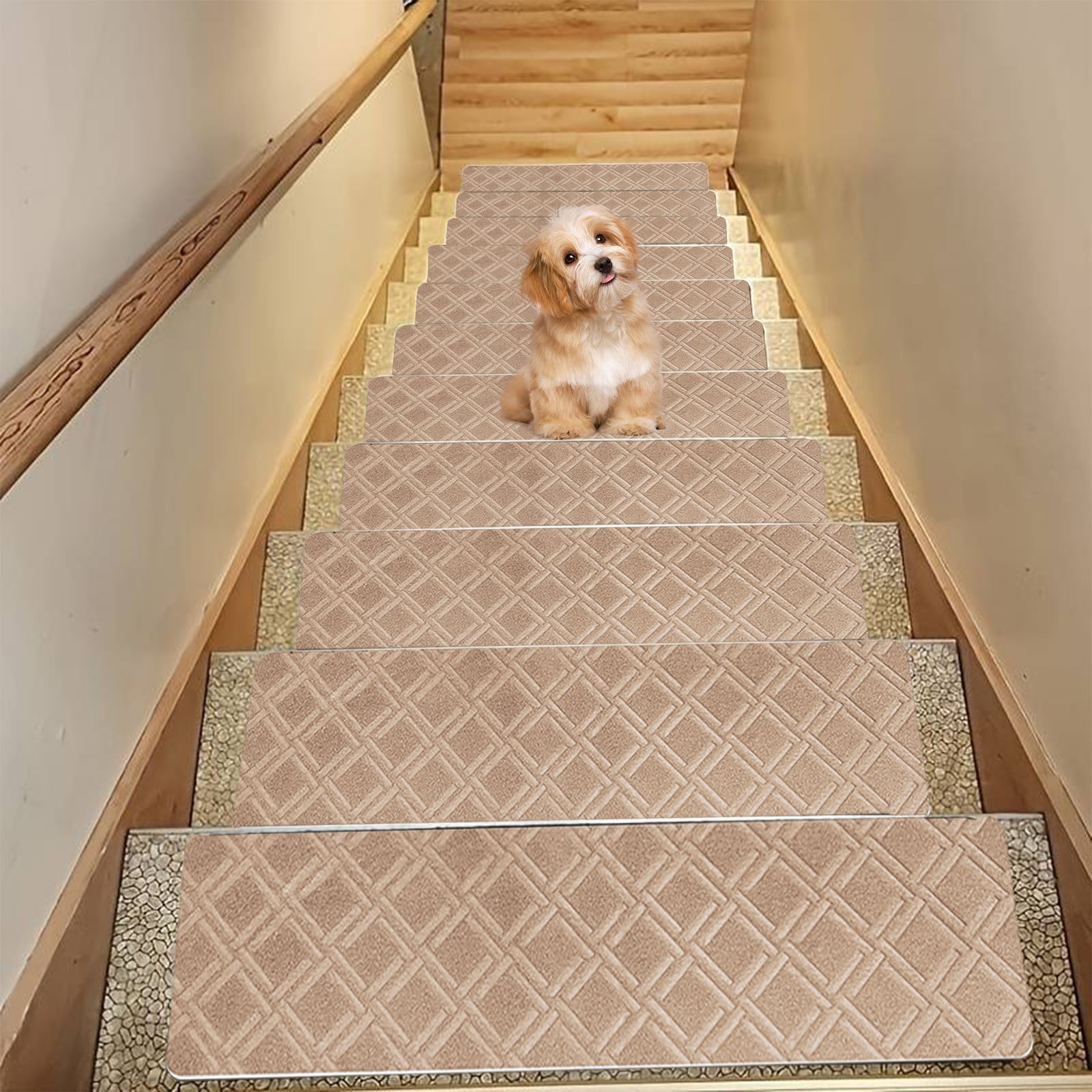 Chmadoxn 4-Piece Non-Slip Stair Treads, Self-Adhesive Striped Carpet Mats, Absorbent & Quiet Step Pads, Can Be Cut to Fit, Washable for Indoor Staircase Safety\u200b\u200b Khaki - Image 4