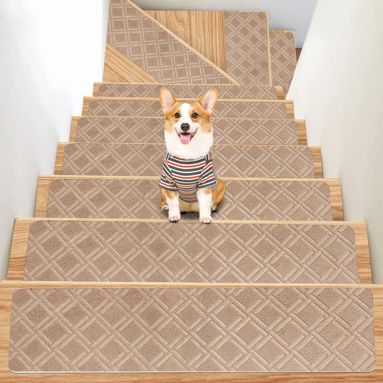 Chmadoxn 4-Piece Non-Slip Stair Treads, Self-Adhesive Striped Carpet Mats, Absorbent & Quiet Step Pads, Can Be Cut to Fit, Washable for Indoor Staircase Safety\u200b\u200b Khaki - Image 5
