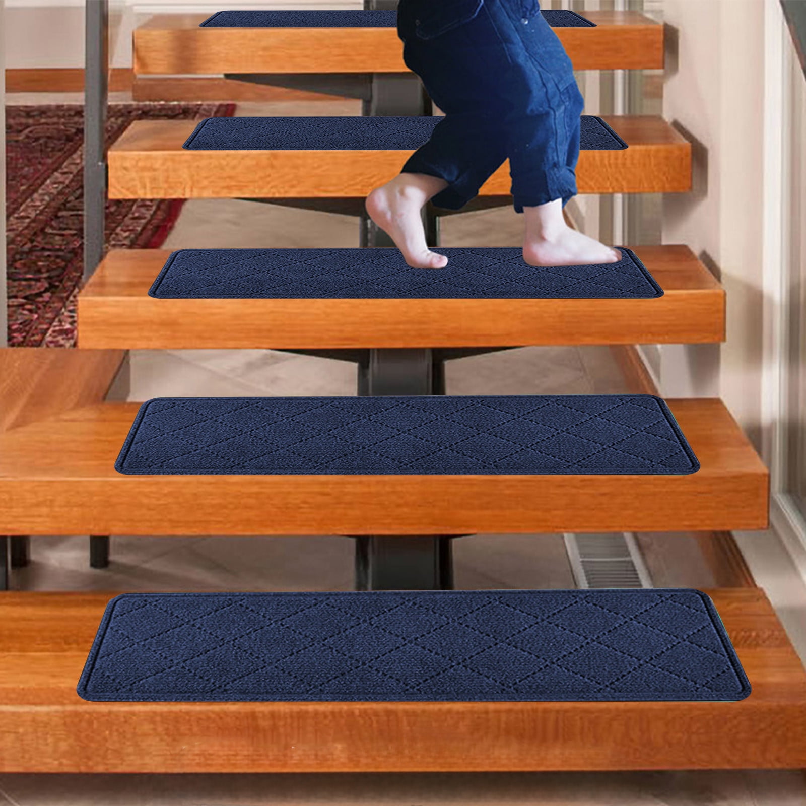 Chmadoxn 4-Piece Non-Slip Stair Treads, Self-Adhesive Striped Carpet Mats, Absorbent & Quiet Step Pads, Can Be Cut to Fit, Washable for Indoor Staircase Safety\u200b\u200b Navy - Image 1