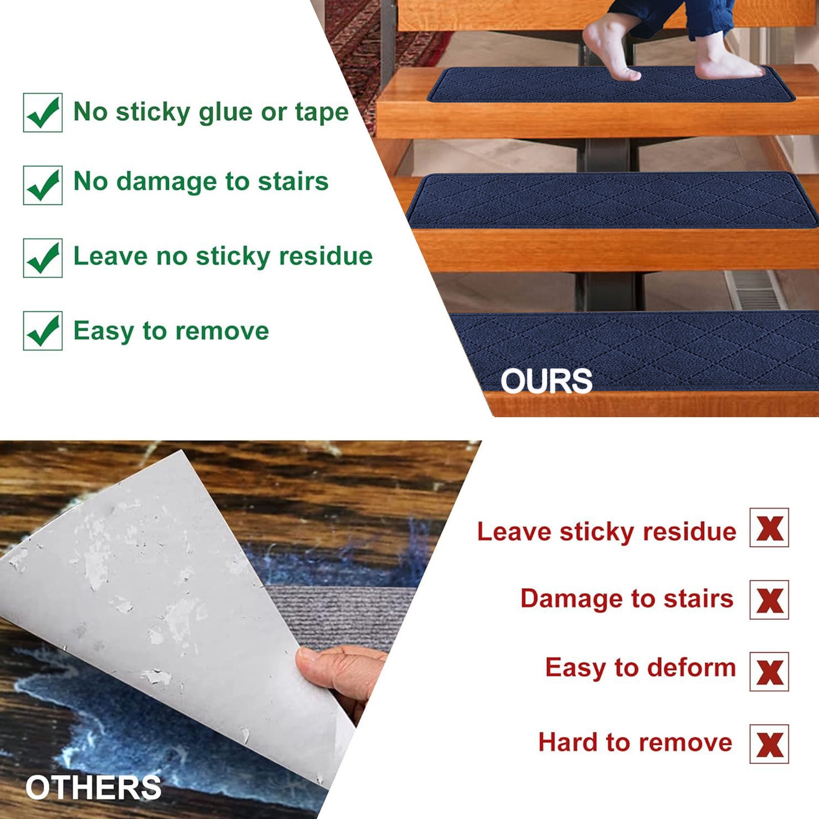 Chmadoxn 4-Piece Non-Slip Stair Treads, Self-Adhesive Striped Carpet Mats, Absorbent & Quiet Step Pads, Can Be Cut to Fit, Washable for Indoor Staircase Safety\u200b\u200b Navy - Image 5