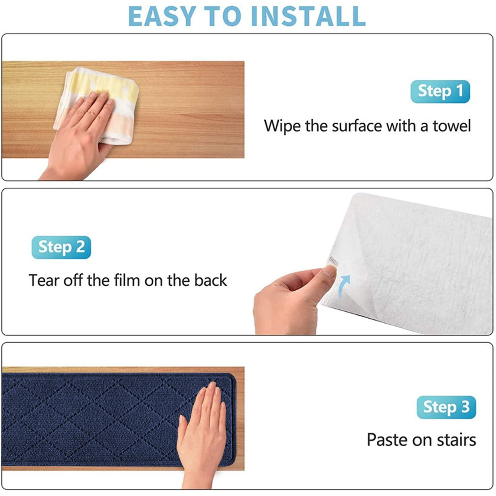 Chmadoxn 4-Piece Non-Slip Stair Treads, Self-Adhesive Striped Carpet Mats, Absorbent & Quiet Step Pads, Can Be Cut to Fit, Washable for Indoor Staircase Safety\u200b\u200b Navy - Image 7