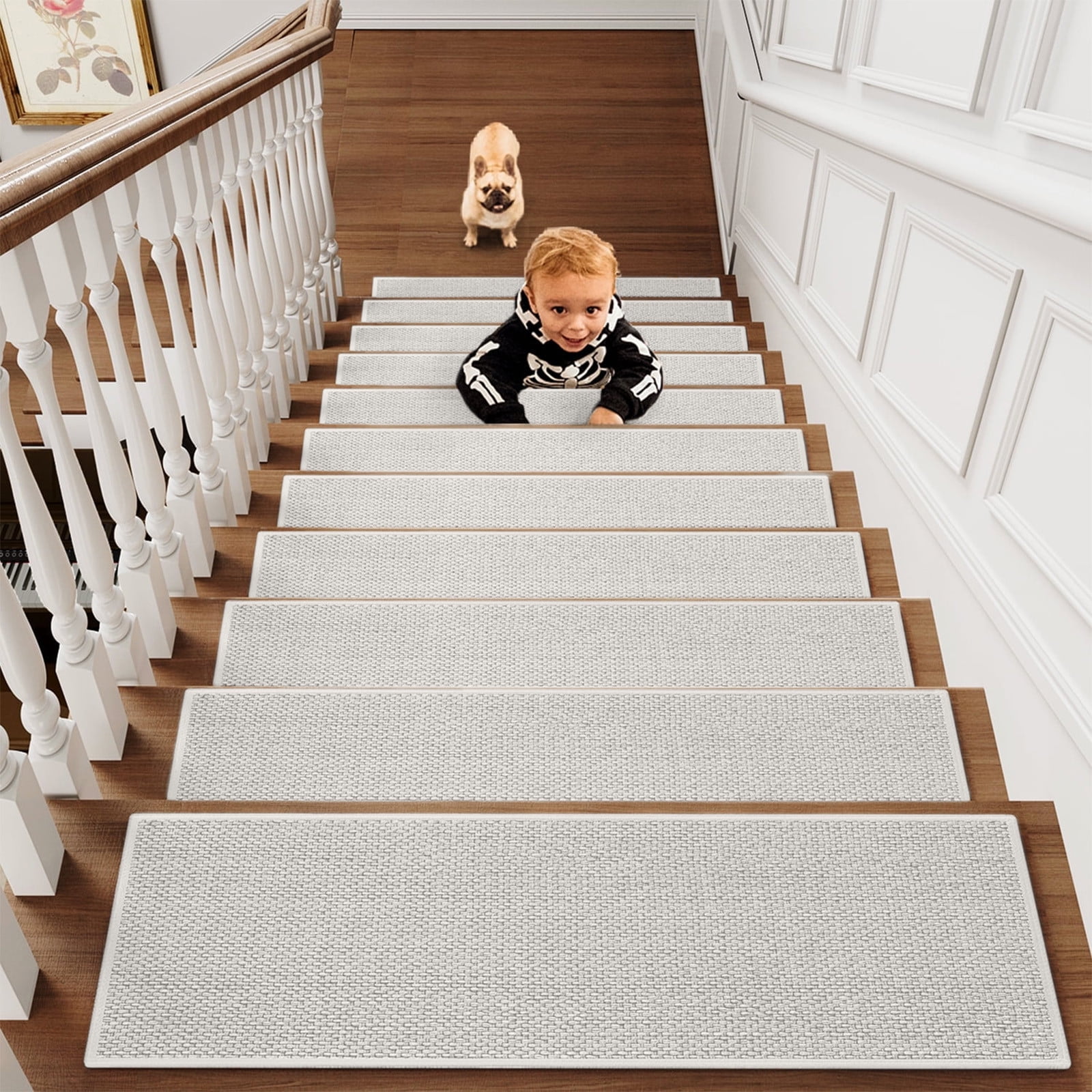 Chmadoxn 4-Piece Non-Slip Stair Treads, Self-Adhesive Striped Carpet Mats, Absorbent & Quiet Step Pads, Can Be Cut to Fit, Washable for Indoor Staircase Safety\u200b\u200b White - Image 1