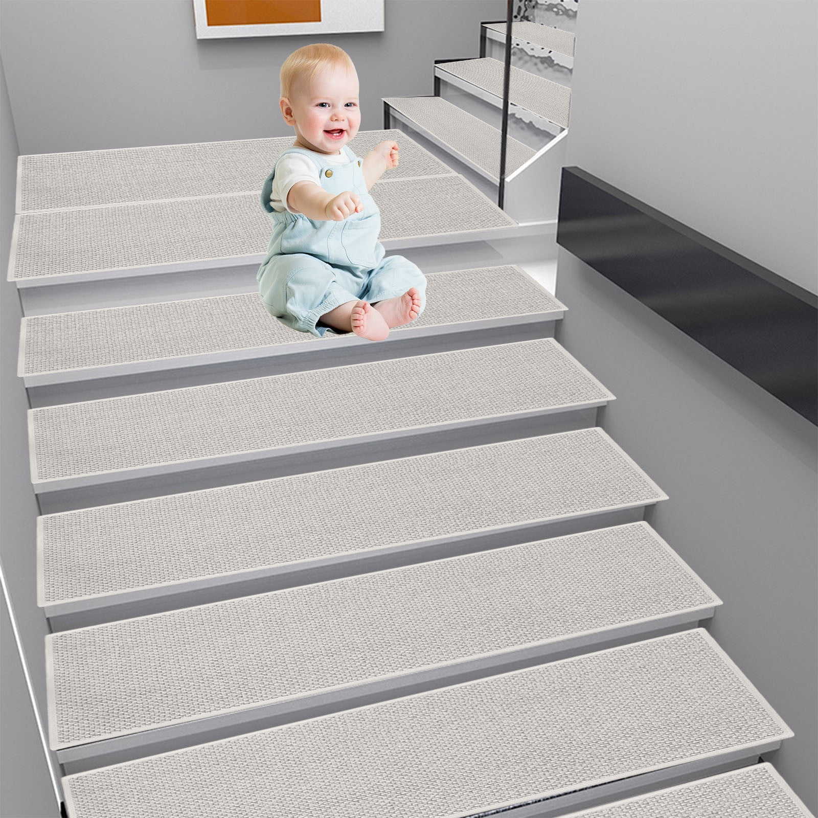 Chmadoxn 4-Piece Non-Slip Stair Treads, Self-Adhesive Striped Carpet Mats, Absorbent & Quiet Step Pads, Can Be Cut to Fit, Washable for Indoor Staircase Safety\u200b\u200b White 1 - Image 4