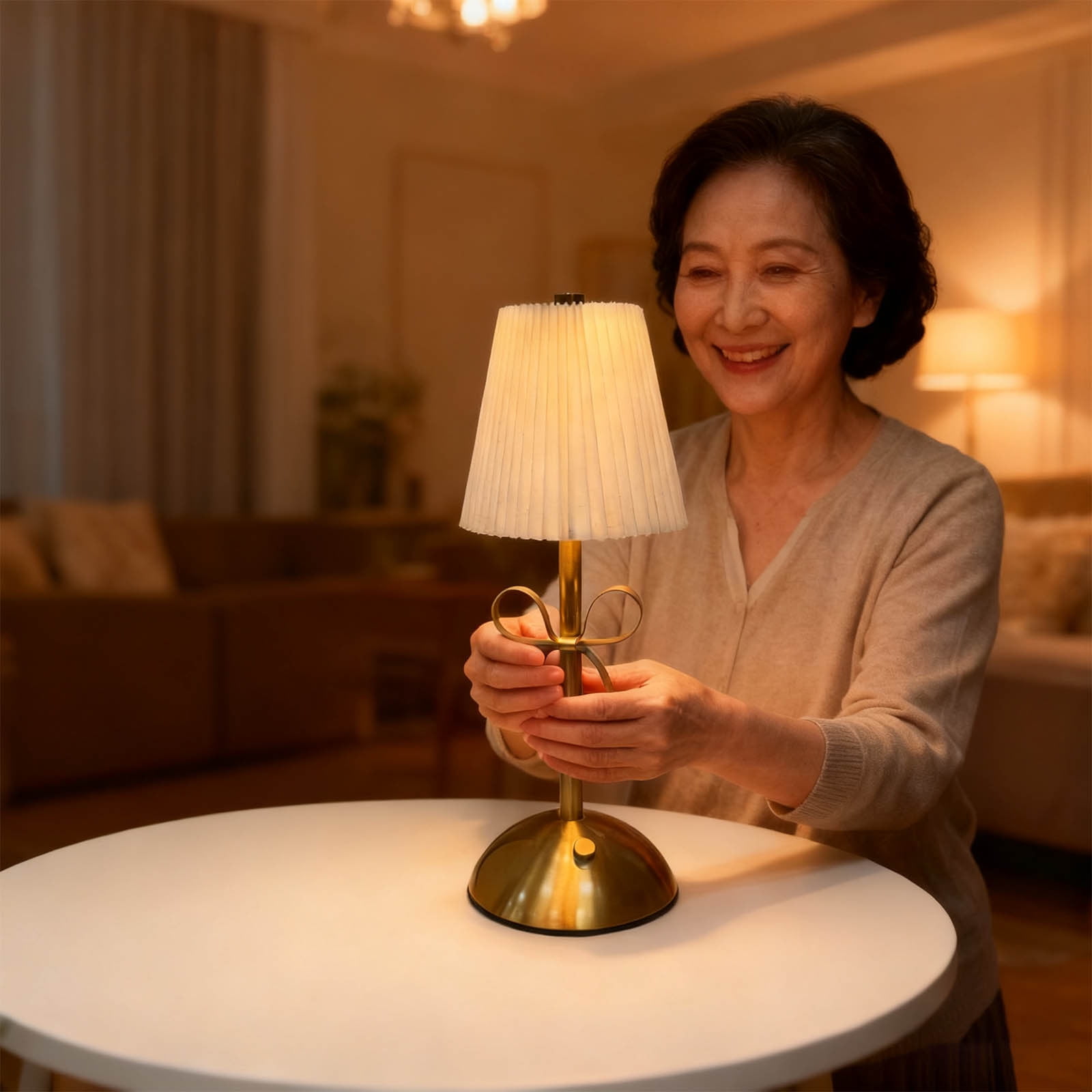 Hometravel USB Bow Table Lamp, Rechargeable Decorative Ambient Light, Metal Base Desk Lamp for Bedroom, Dining Room, Home Decor Beige - Image 4
