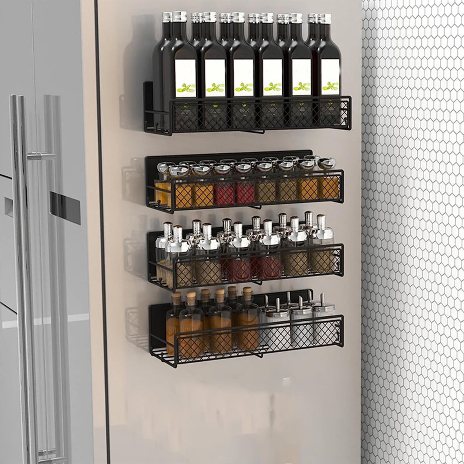 Darzheoy Magnetic Spice Rack Organizer Mesh Design for Refrigerator Oven, Black Storage Rack for Kitchen Spices Condiments, Easy Install Fridge Organizer Black - Image 1